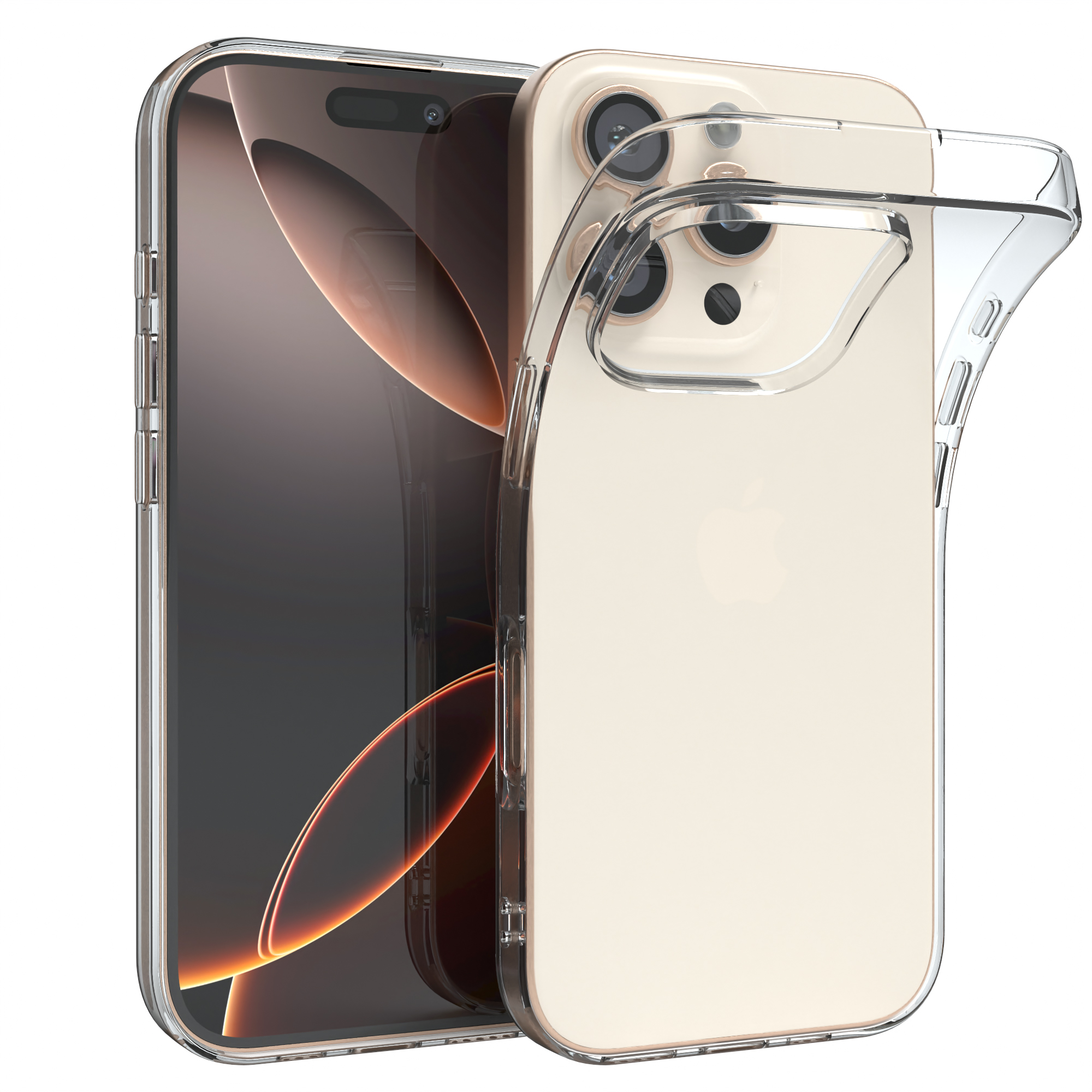 Telefon mit transparenter Hülle. Das Telefon befindet sich auf weißem Hintergrund.