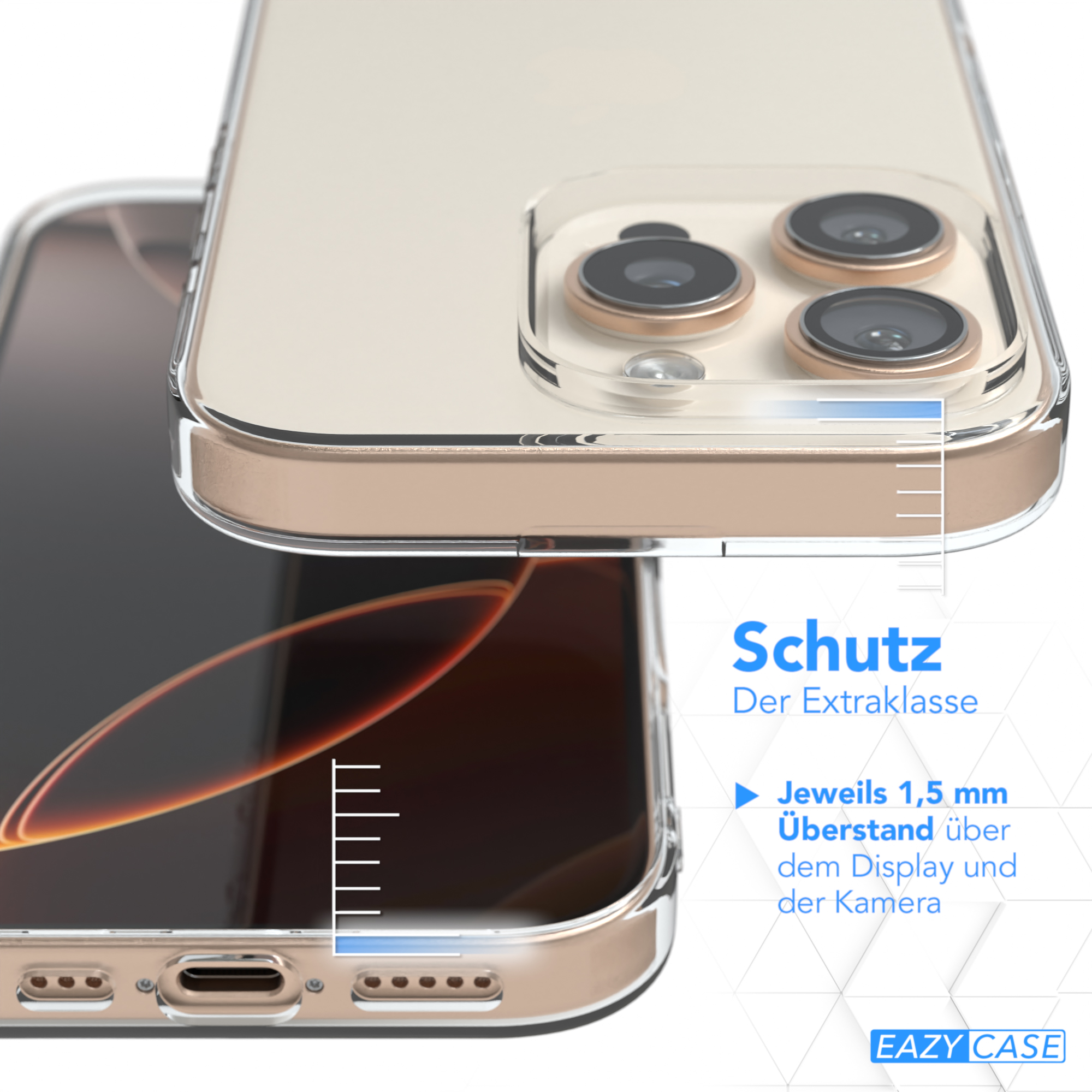 Nahaufnahme von Handyhülle und Handy. Text: 1,5 mm über Display und Kamera. Goldene Hülle.