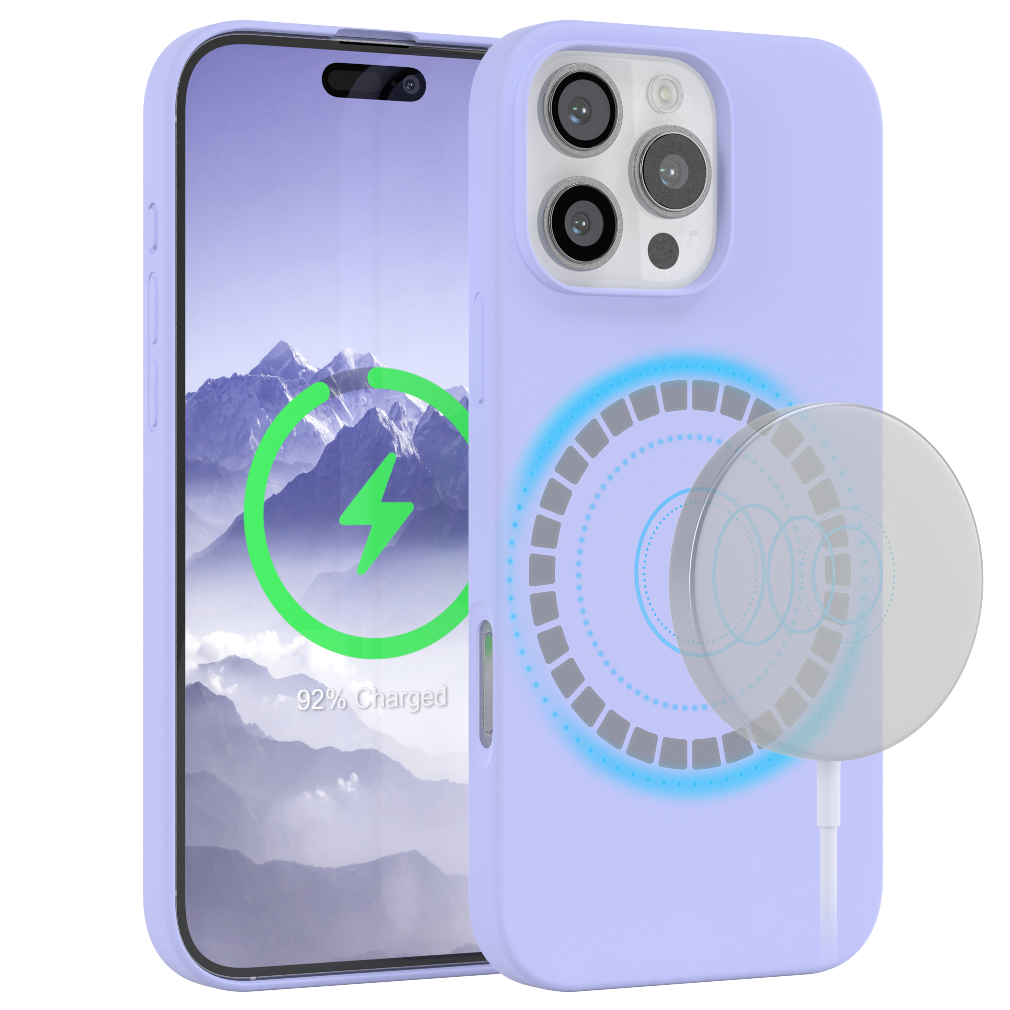 Telefon in lila Hülle mit Ladeanimation. Weißer Hintergrund mit Ladekreis.