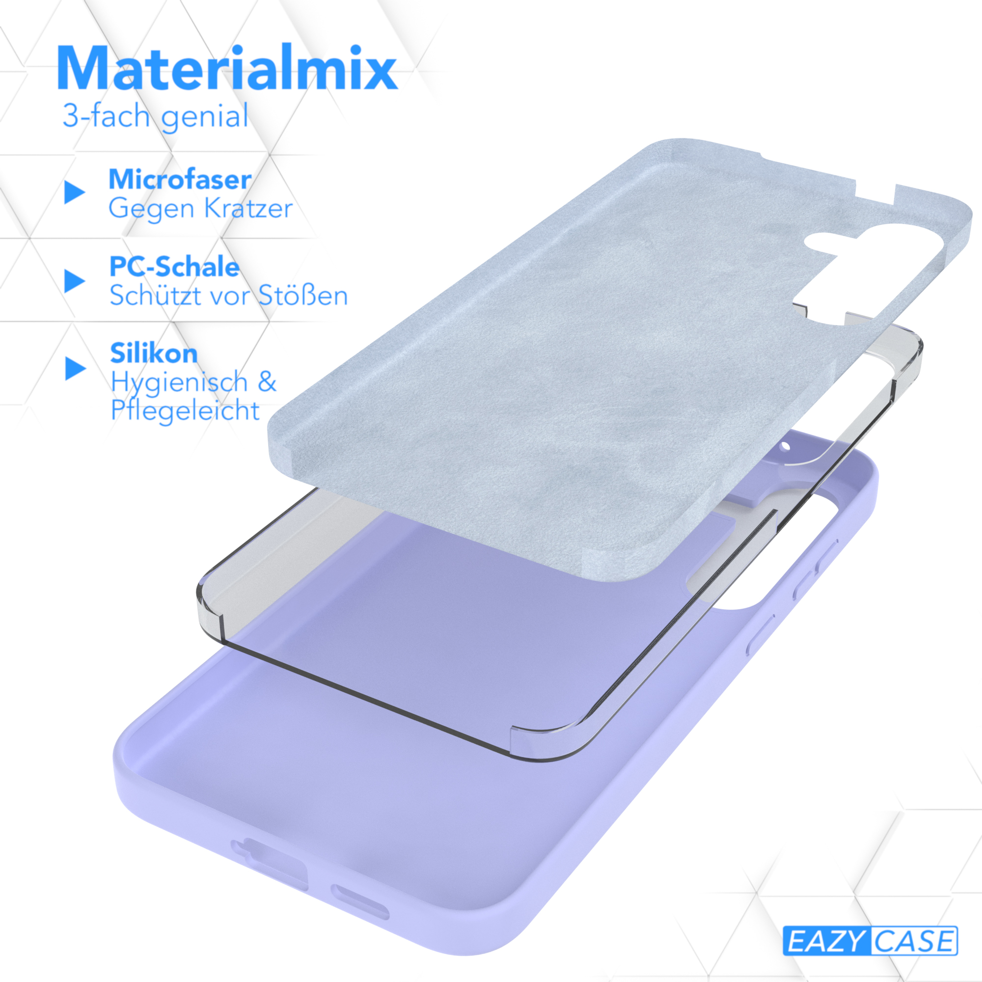 Eine Handyhülle mit einem geschichteten Design, das Mikrofaser, PC-Schale und Silikon zeigt. Text lautet: Materialmix.