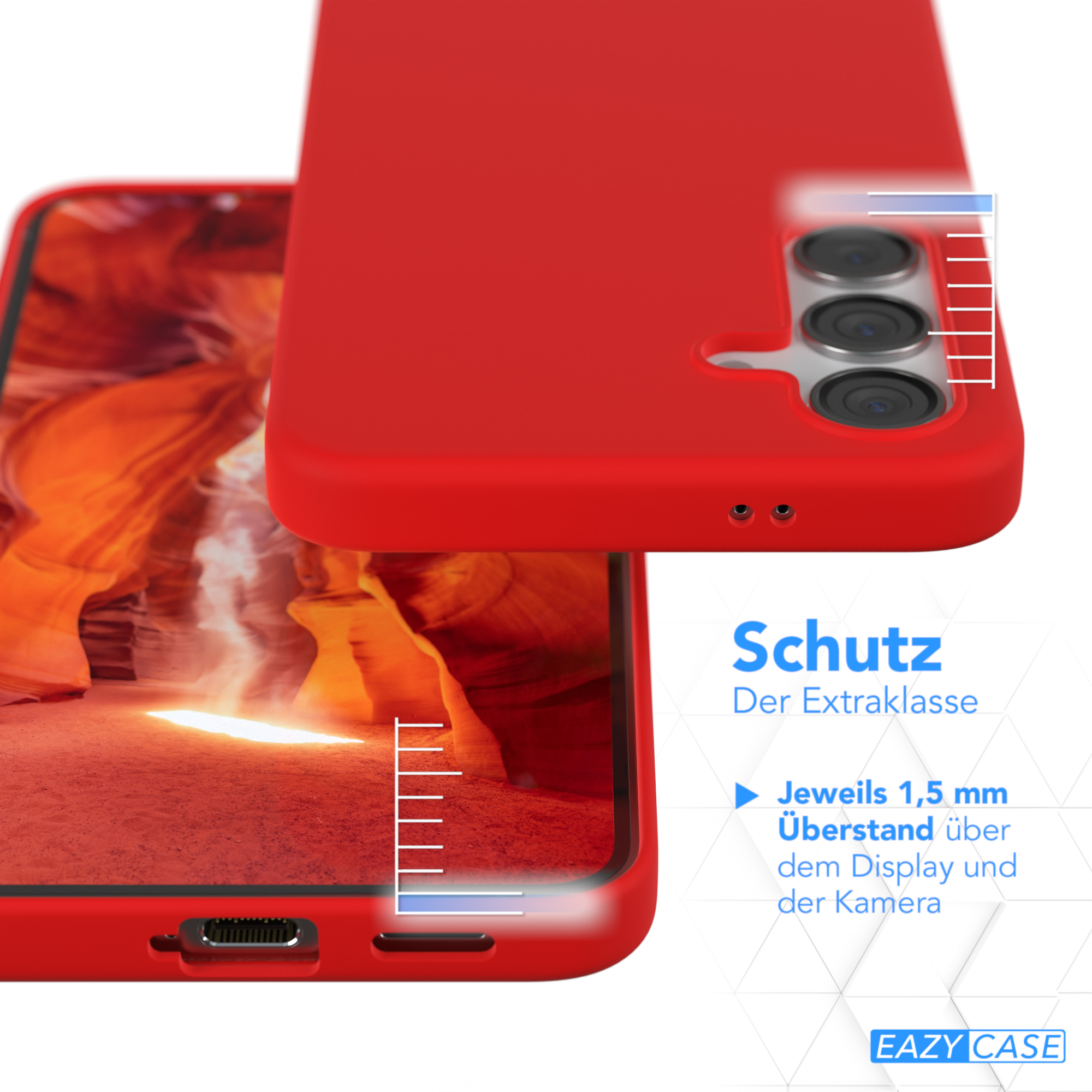 Rote Handyhülle auf einem Telefon, mit Schutz Text und Details, roter Hintergrund.