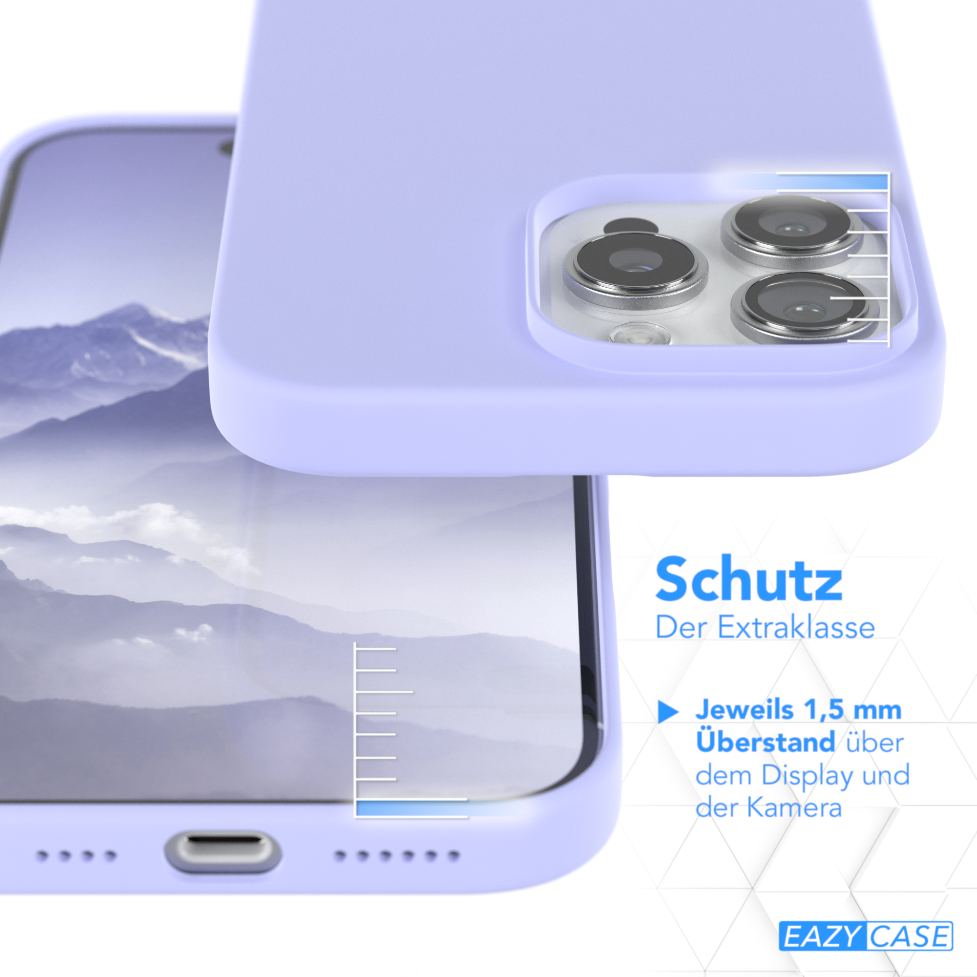 Eine lila Handyhülle mit einem Telefon darin, mit Linien, die den Schutz über Bildschirm und Kamera anzeigen.