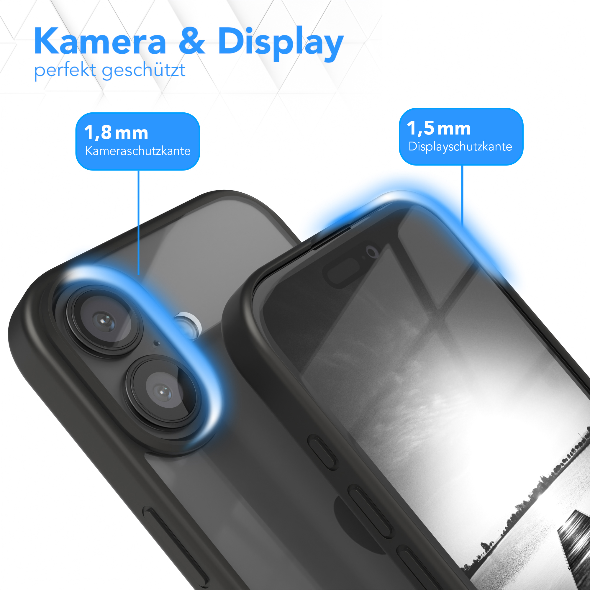 Nahaufnahme von zwei Handyhüllen, Schutz für Kamera und Display.