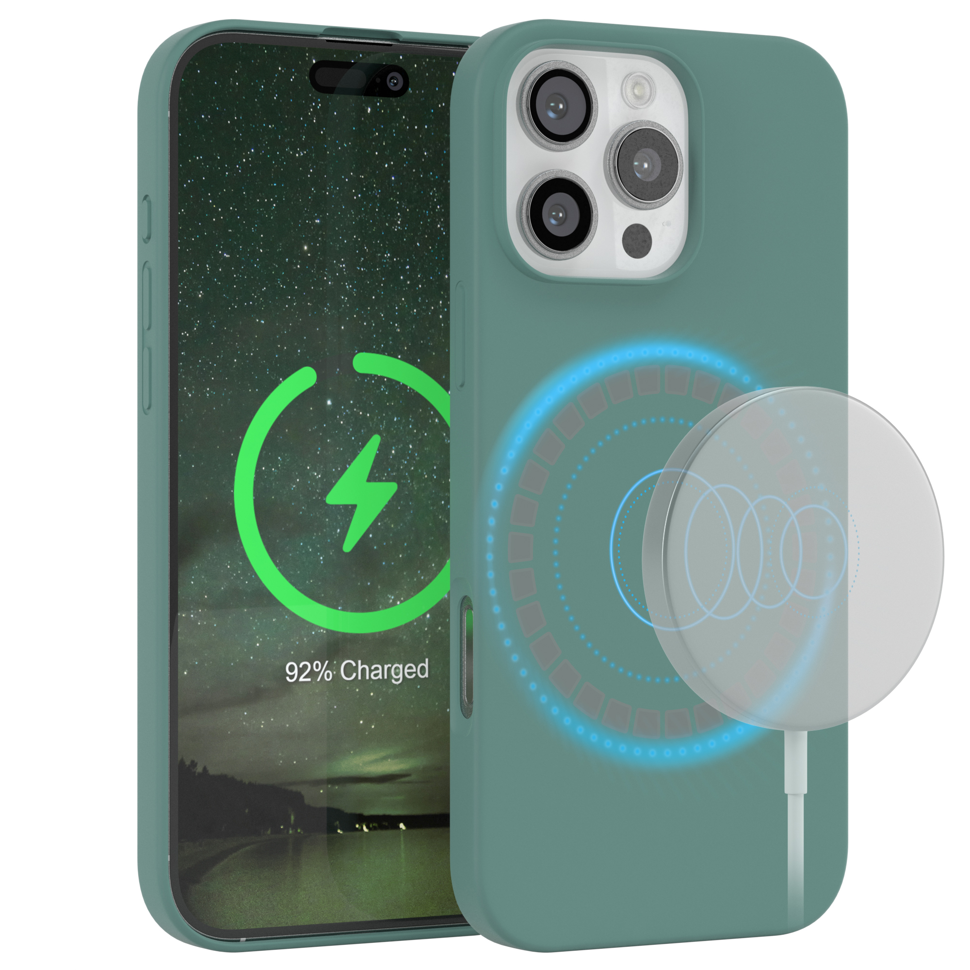 Ein grünes Telefon in einer grünen Hülle. Auf der rechten Seite befindet sich ein Ladepad mit Ladeanzeige.