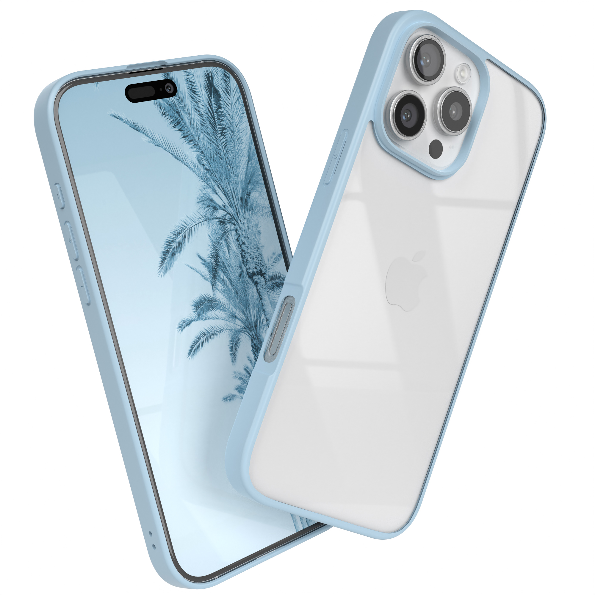 Blaue und transparente Handyhülle, zeigt das Telefon, weißer Hintergrund.