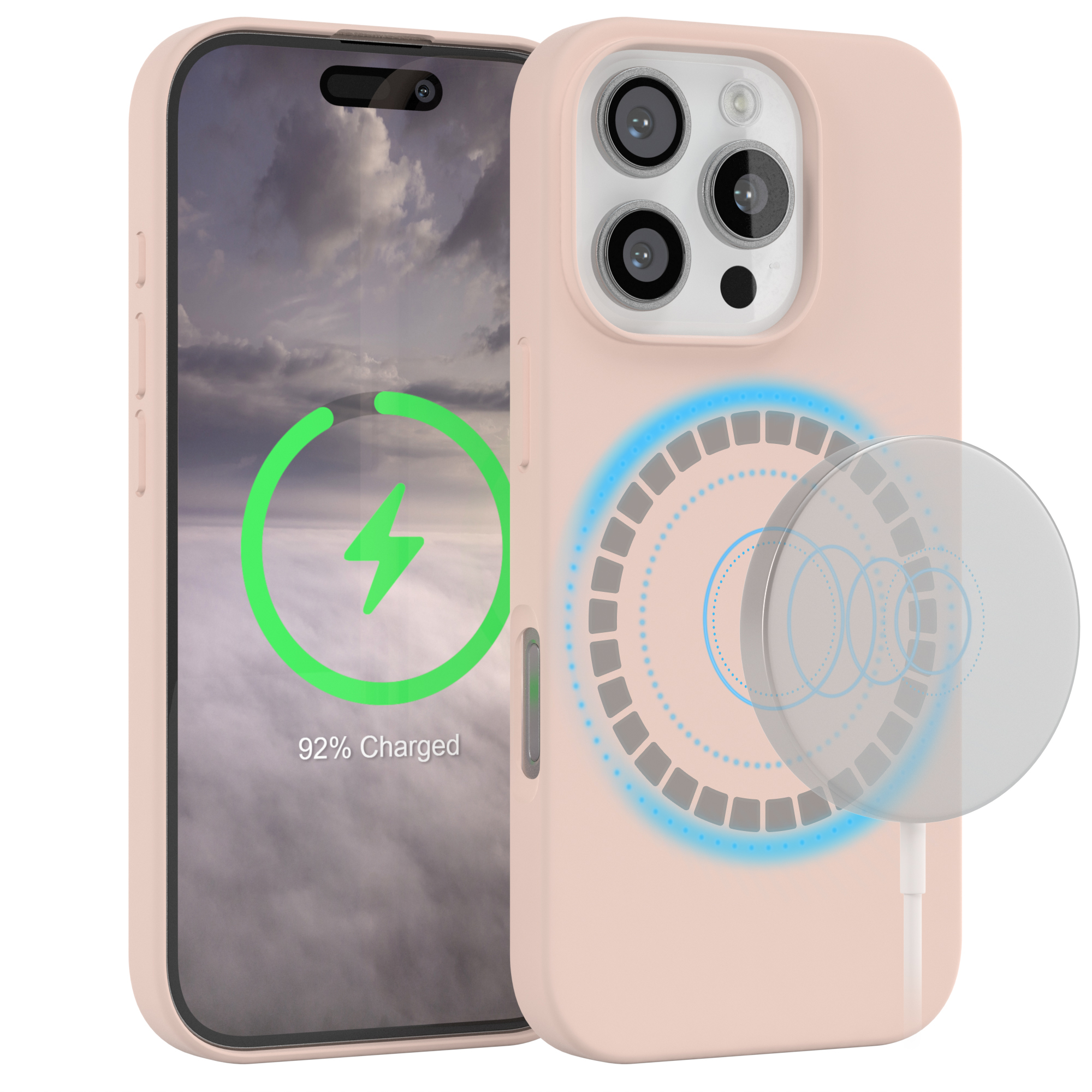 Eine pinkfarbene Handyhülle mit Ladegrafik und ein Telefon mit Ladegrafik.