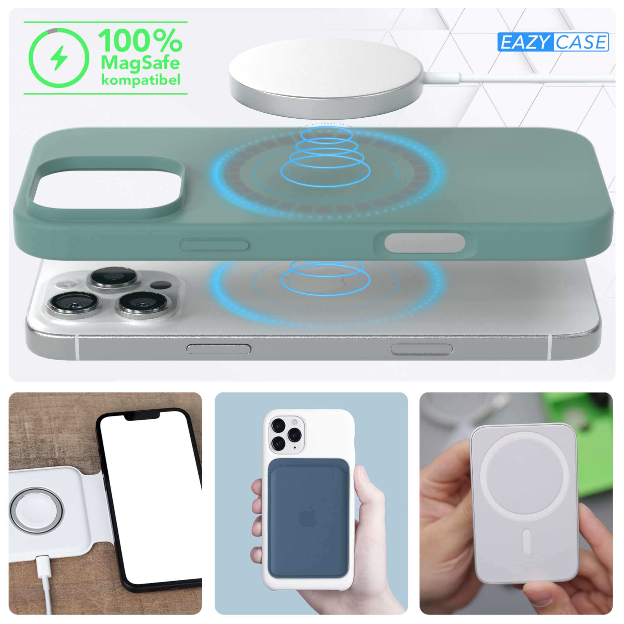 Handyhülle mit Telefon und Ladegerät sowie drei kleinere Produktbilder.