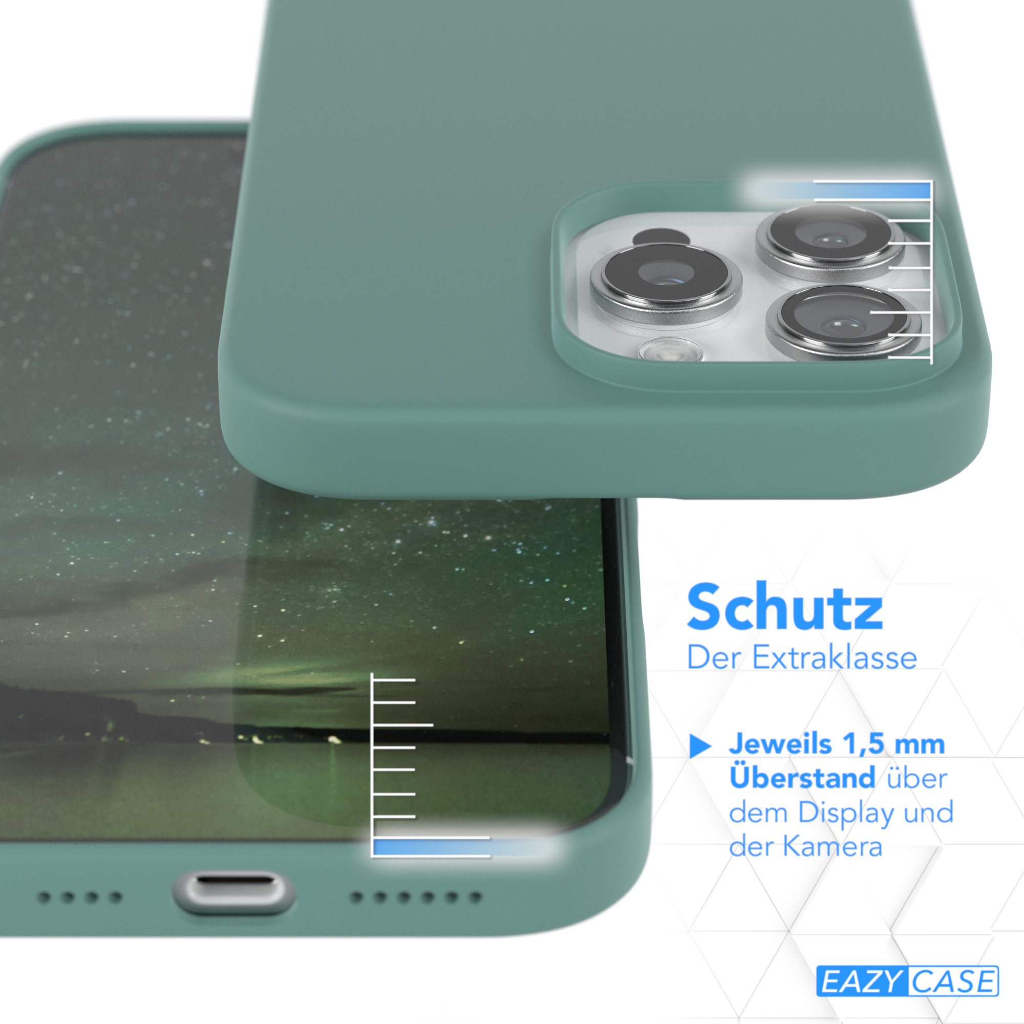Grüne Handyhülle mit Displayschutz. Text erklärt Schutzdetails.