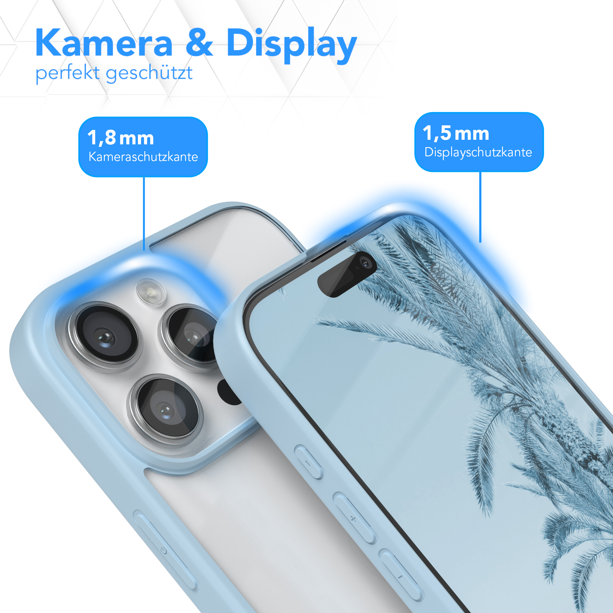 Handyhülle mit Displayschutz. Hellblaue Hülle. Schutz für Kamera und Display.
