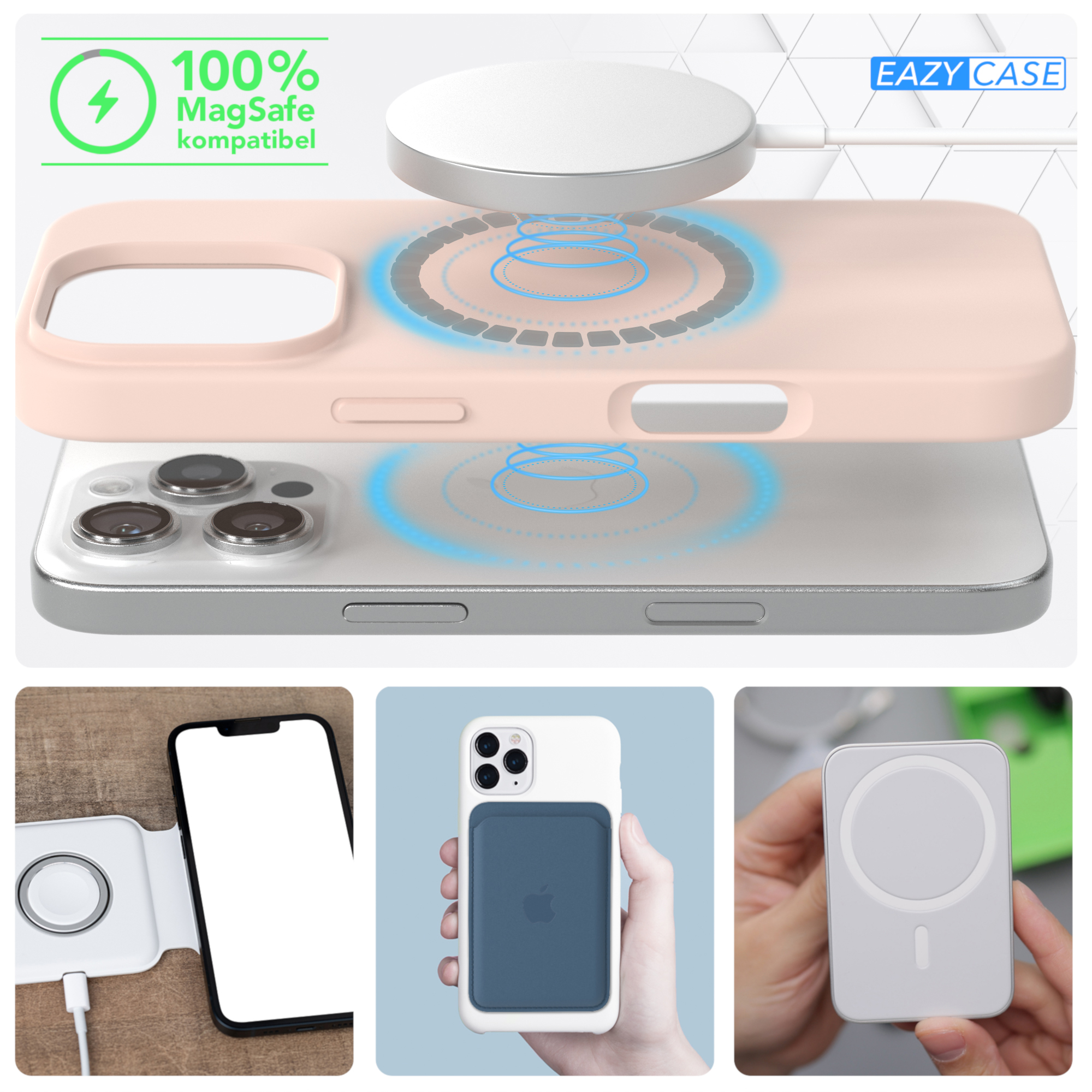 Handyhülle mit Telefon und kabellosem Ladegerät, mit MagSafe-Technologie.