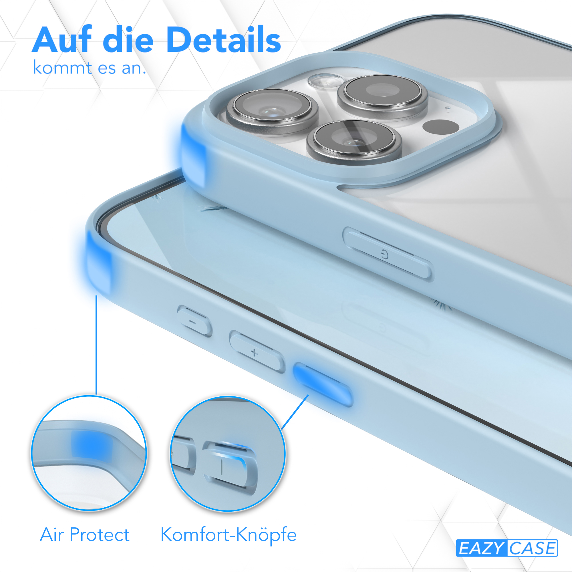 Blaue Handyhülle mit Knopffdetails. Text: Air Protect, Komfort-Knöpfe, EAZY CASE Logo.