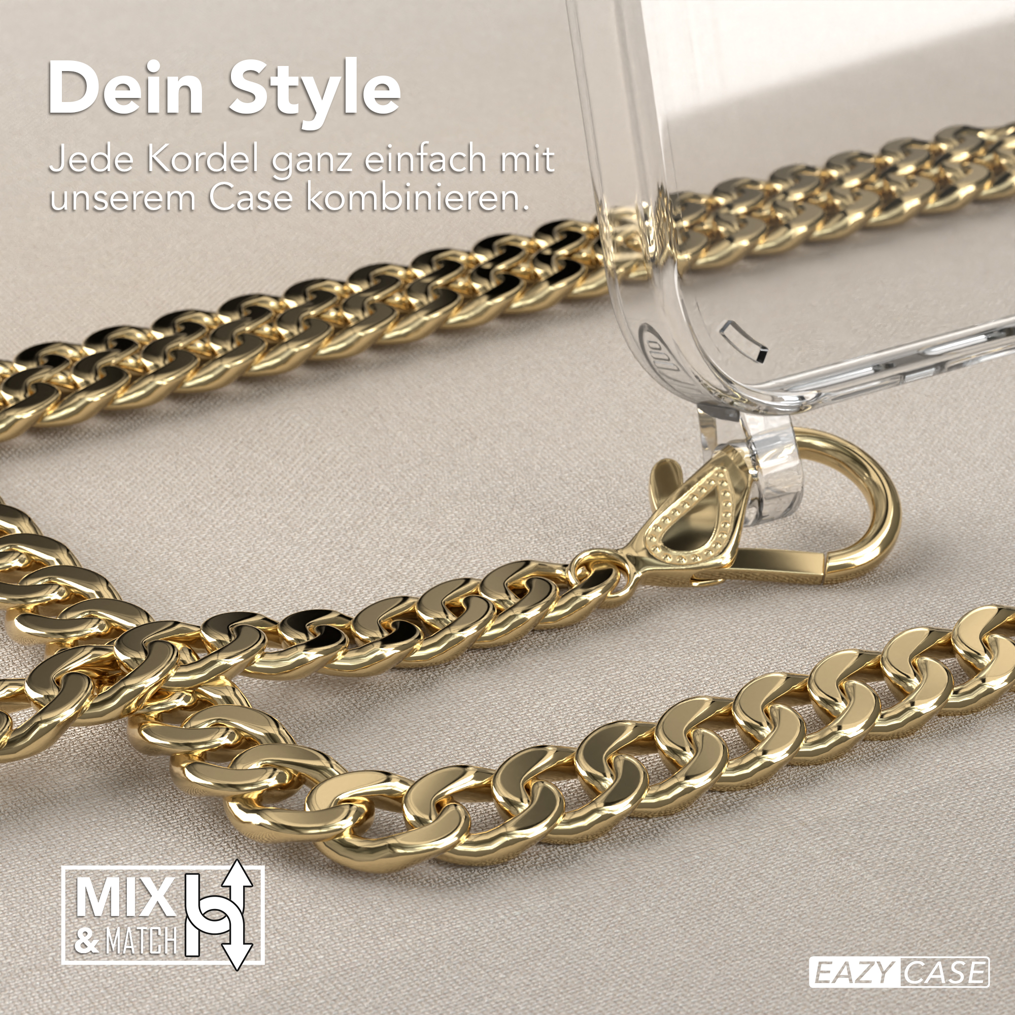 Eine goldene Telefonkette, die an einer durchsichtigen Handyhülle befestigt ist. Die Kette hat ein Glied-Design.
