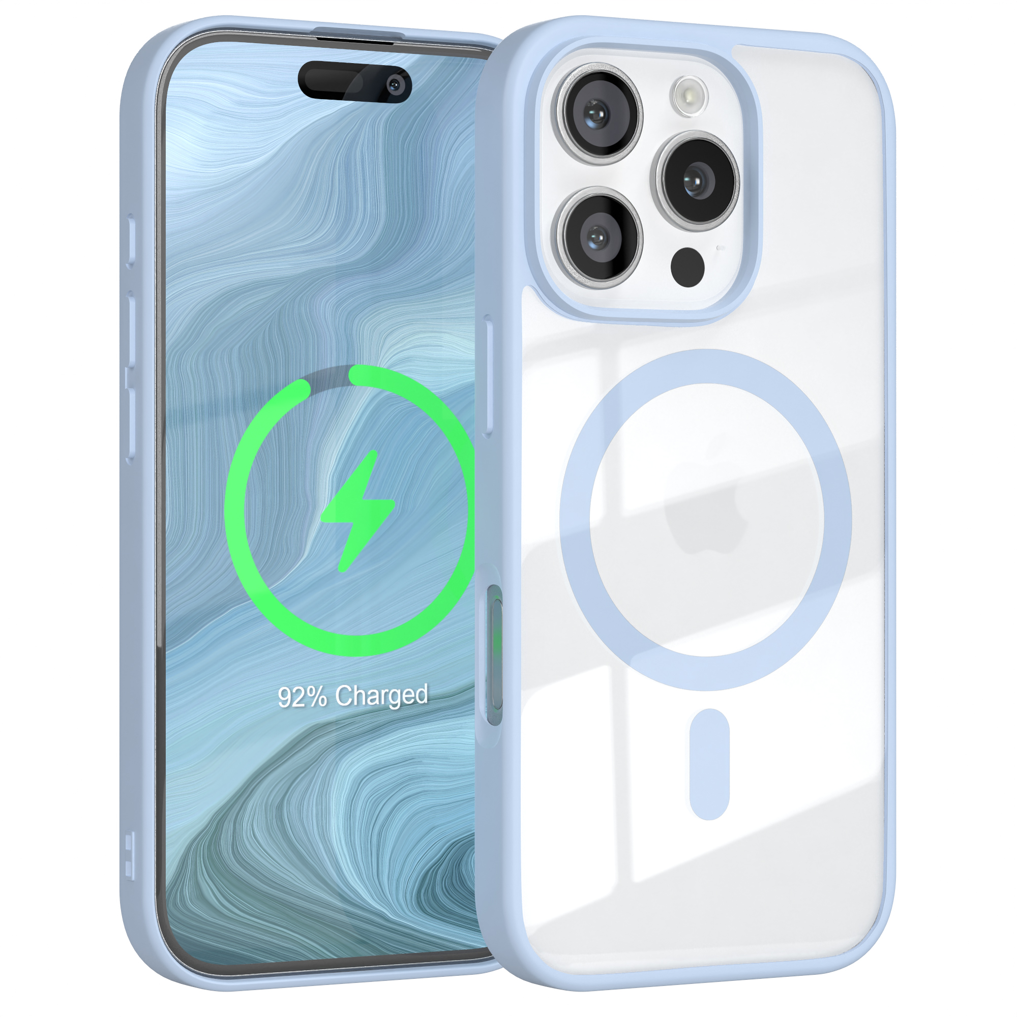 Blau umrandete iPhone-Hülle mit Ladeanimation auf dem Bildschirm. Das Telefon hat eine Kamera.