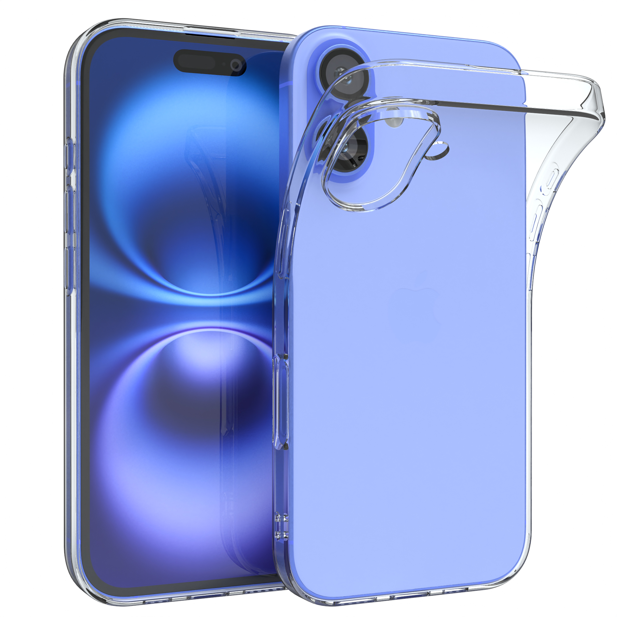Telefon in klarer Hülle. Blauer Hintergrund. Telefonbildschirm sichtbar. Hülle am Telefon.