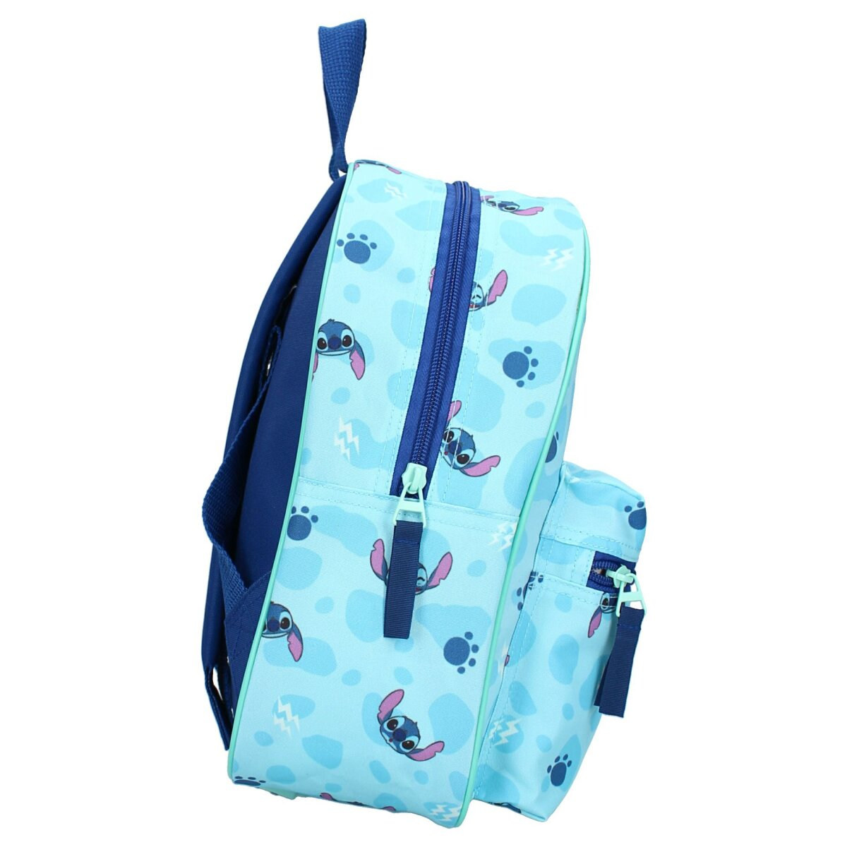 Blauer Rucksack mit Stitch-Print. Reißverschlüsse, Träger und ein Griff. Hellblaue Farbe.