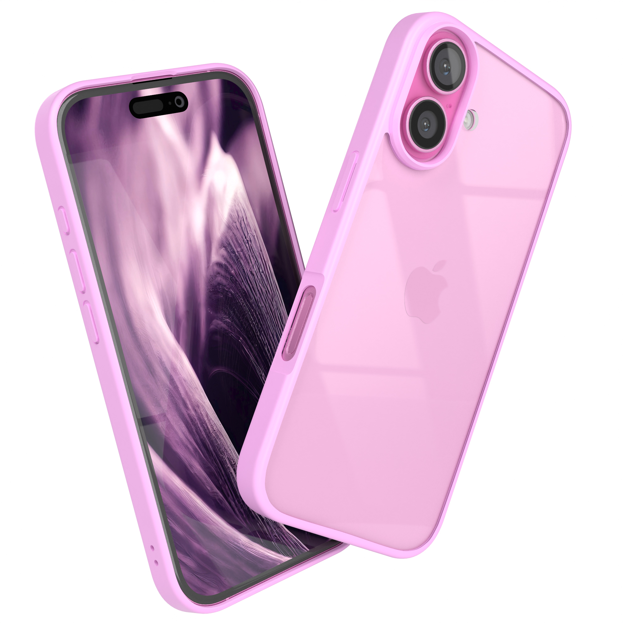 Eine rosa Handyhülle mit einem Handy darin. Das Handy hat rosa Kameraringe.