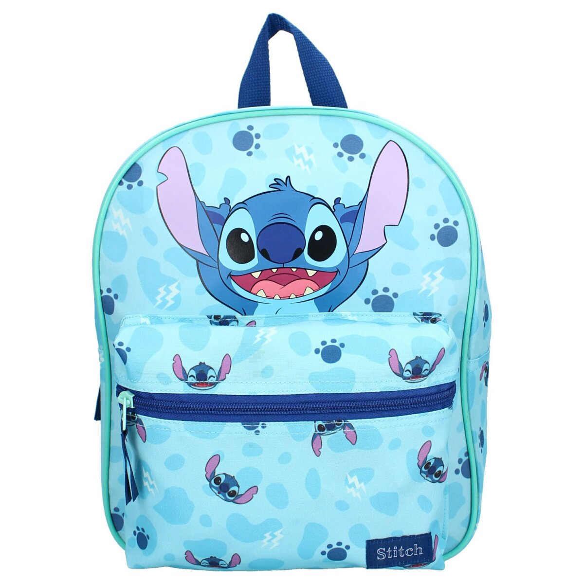 Blauer Stitch-Rucksack mit Stitchs Gesicht darauf, umgeben von anderen Stitch-Bildern.
