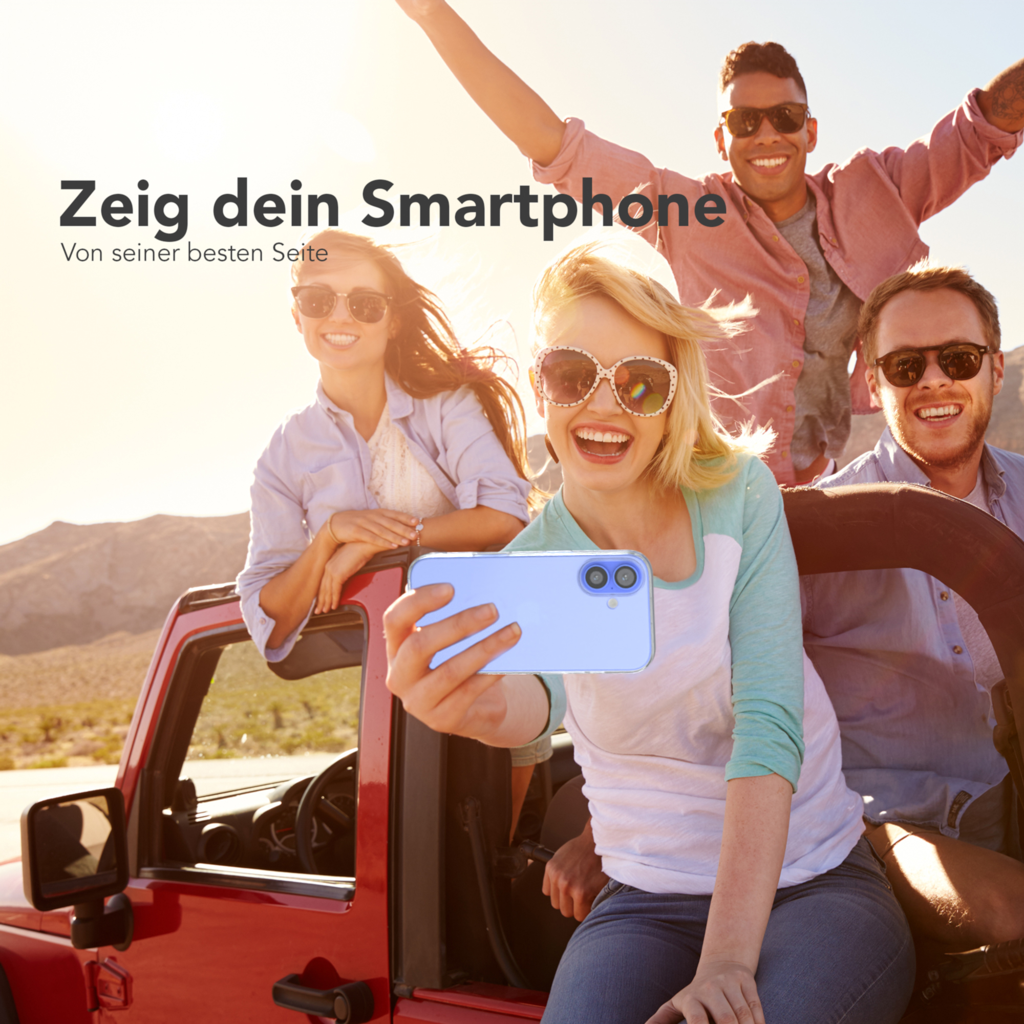 Gruppe von Leuten macht Selfie, halten Telefon in Hülle. Text unten: 'EAZY CASE'.