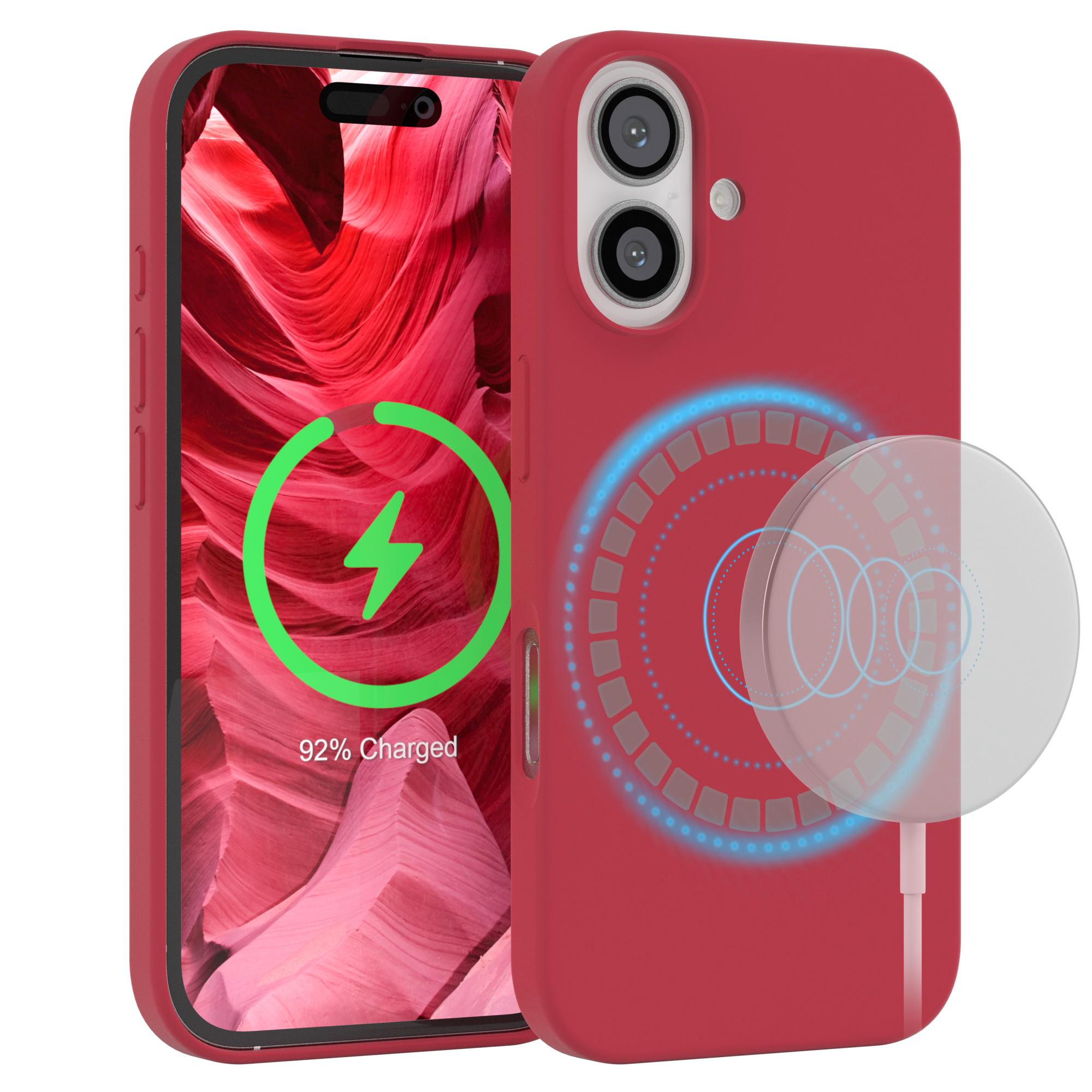 Eine rote Handyhülle mit einem Telefon, das aufgeladen wird, Bildschirm zeigt Blitz und 92 % geladen.