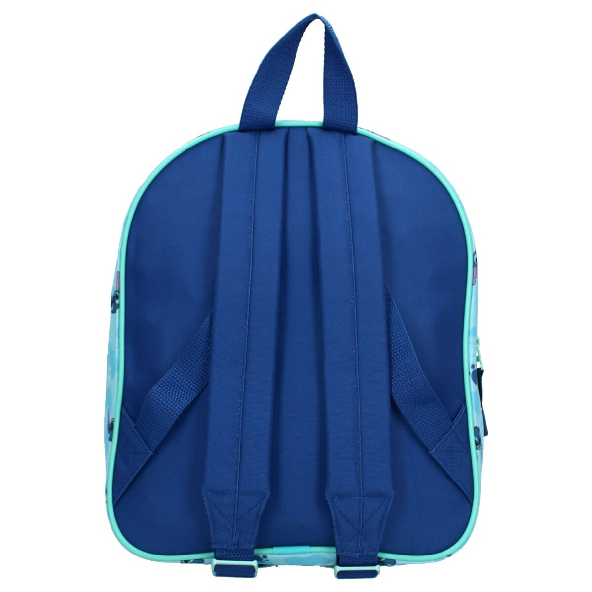 Blauer Rucksack mit hellblauem Rand und Cartoon-Design auf der Rückseite.