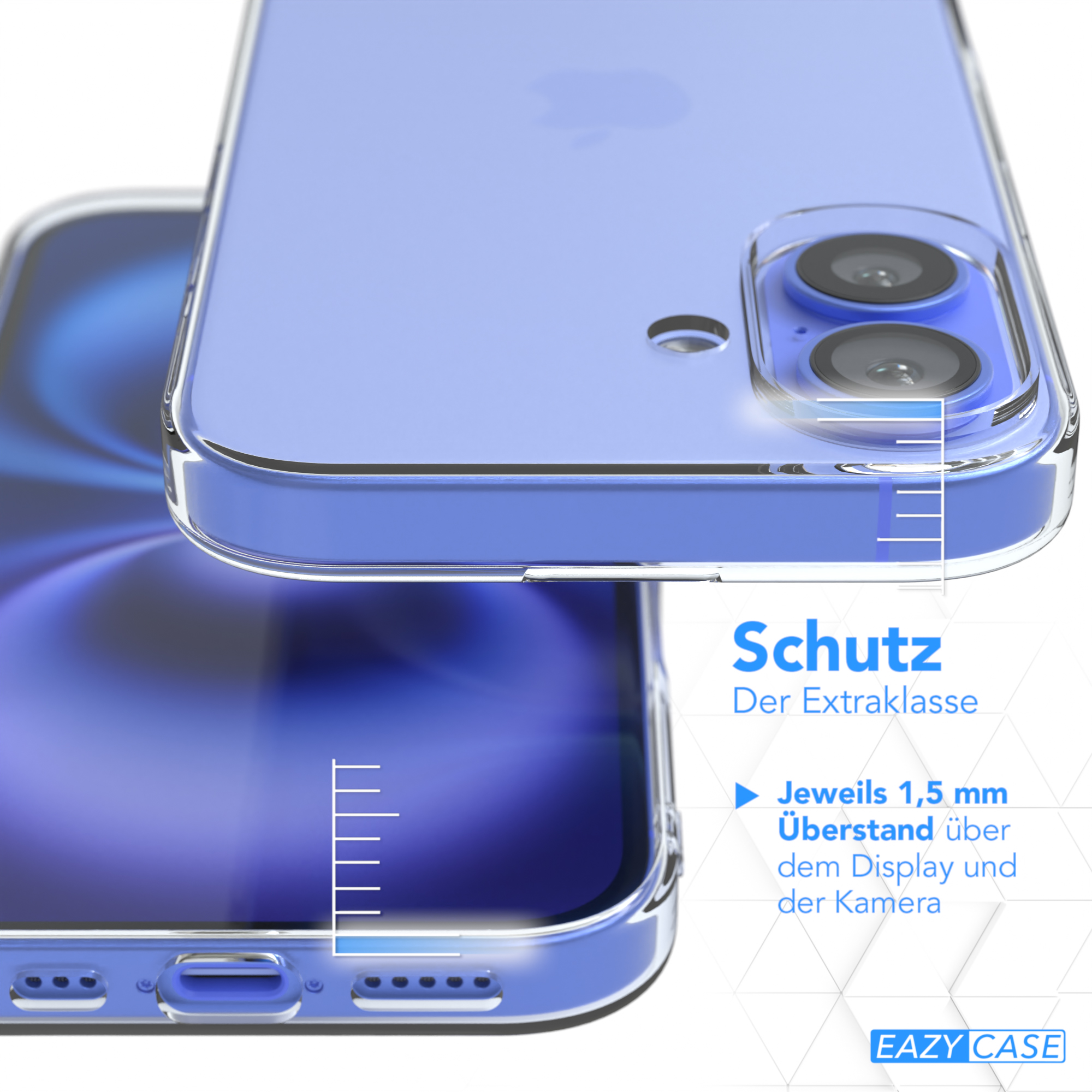 Transparente Handyhülle auf einem blauen Telefon mit Text: Schutz Der Extraklasse.