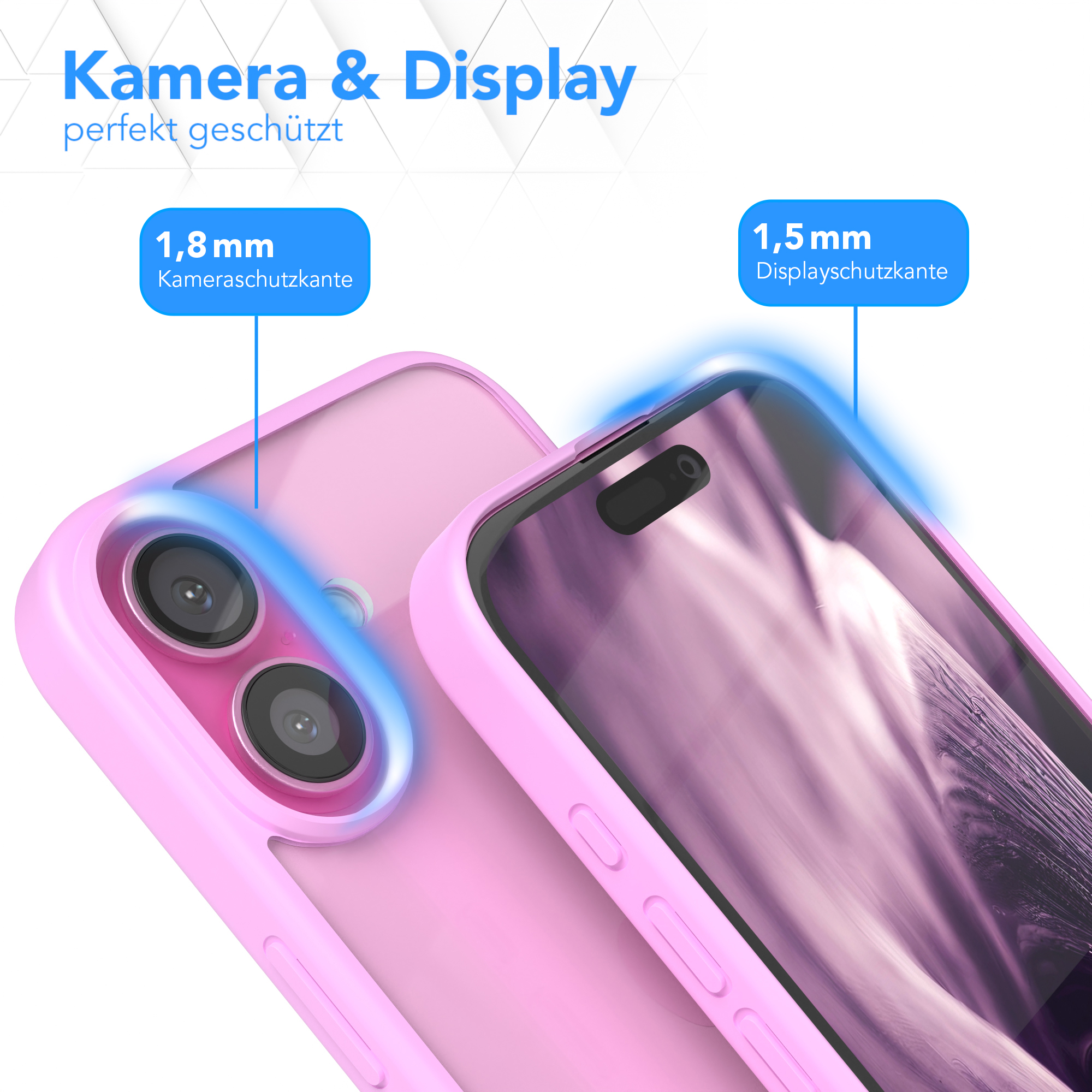 Zwei Telefone in rosa Hüllen. Nahaufnahme von Kamera- und Bildschirmrändern.