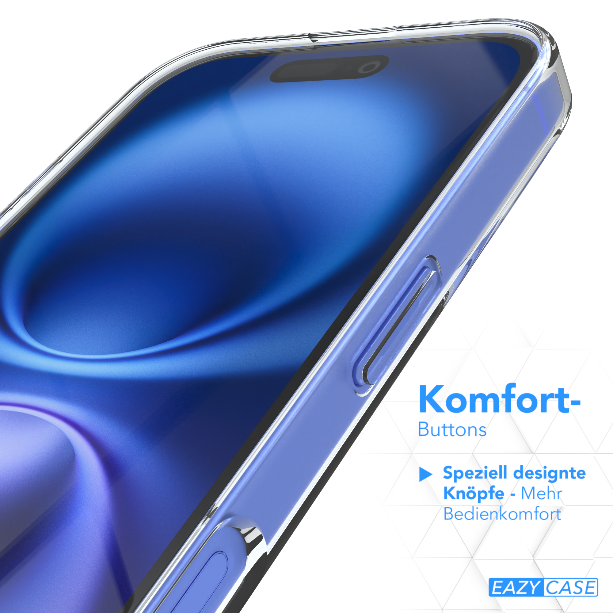 Transparente Handyhülle mit blauen Knöpfen und einem Telefon darin. Text: 'Komfort-Buttons'.