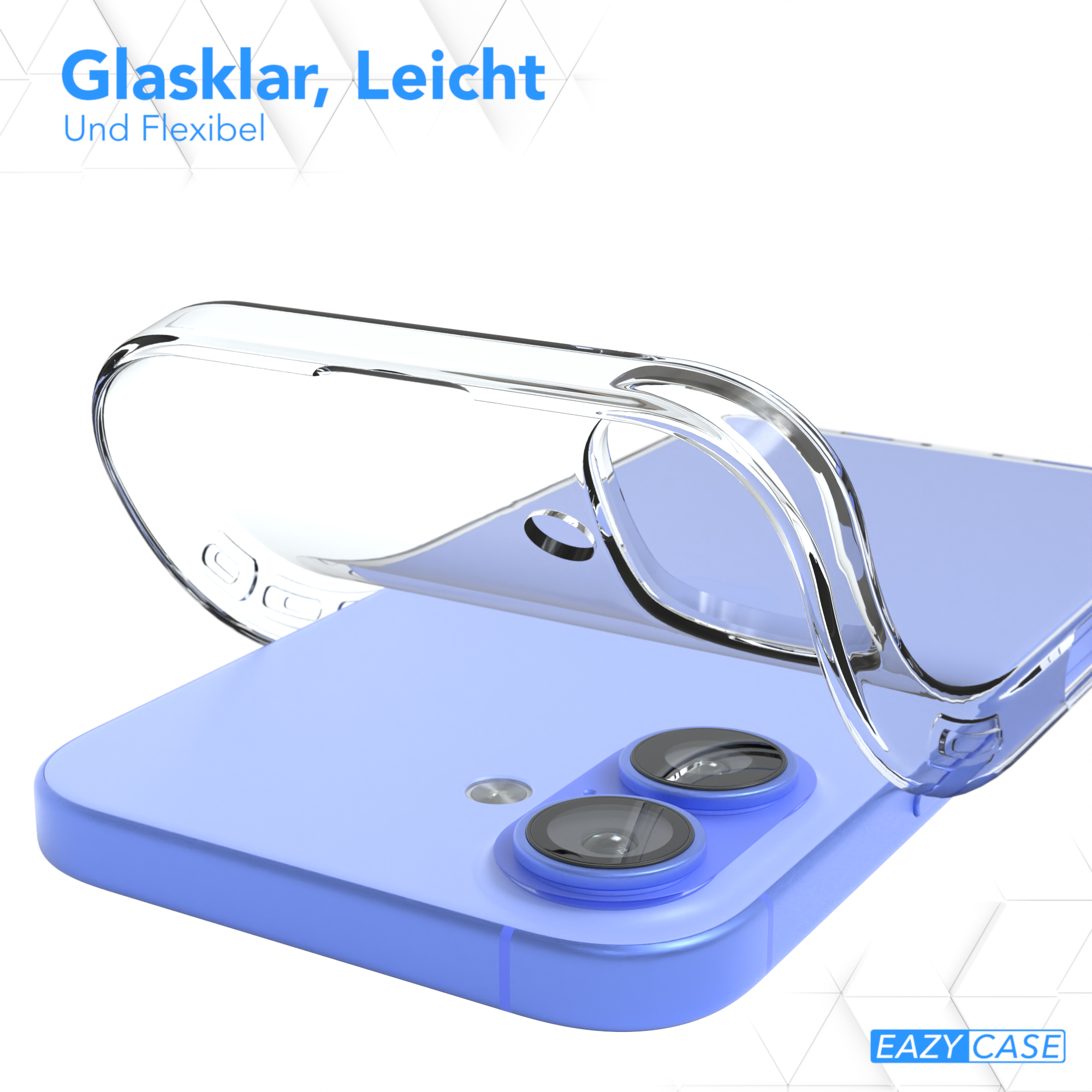 Eine transparente Handyhülle liegt auf einem blauen Telefon. Text: 'Glasklar, Leicht Und Flexibel'.