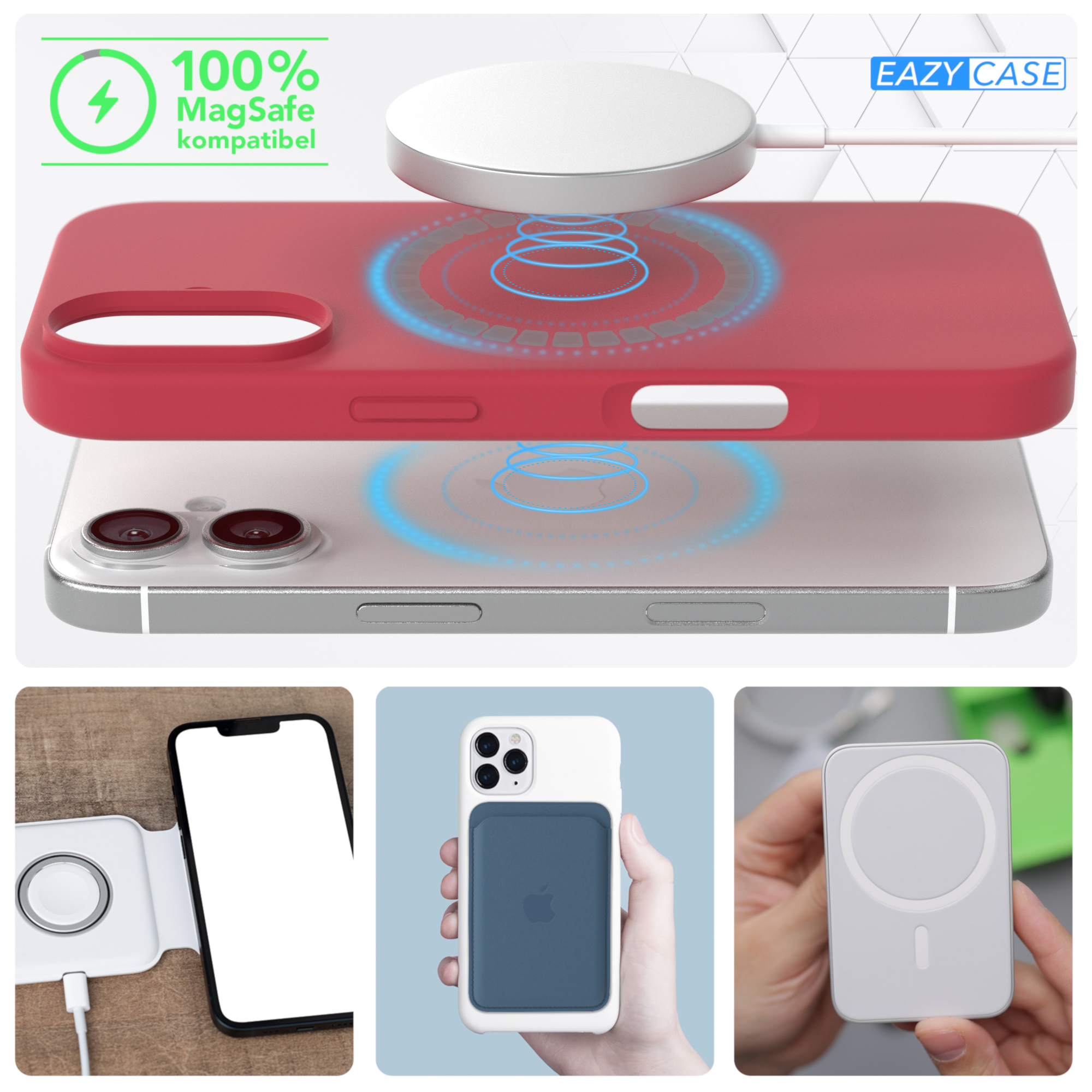Telefon auf rotem Gehäuse wird drahtlos geladen, mit MagSafe-kompatiblem Logo und Zubehör.