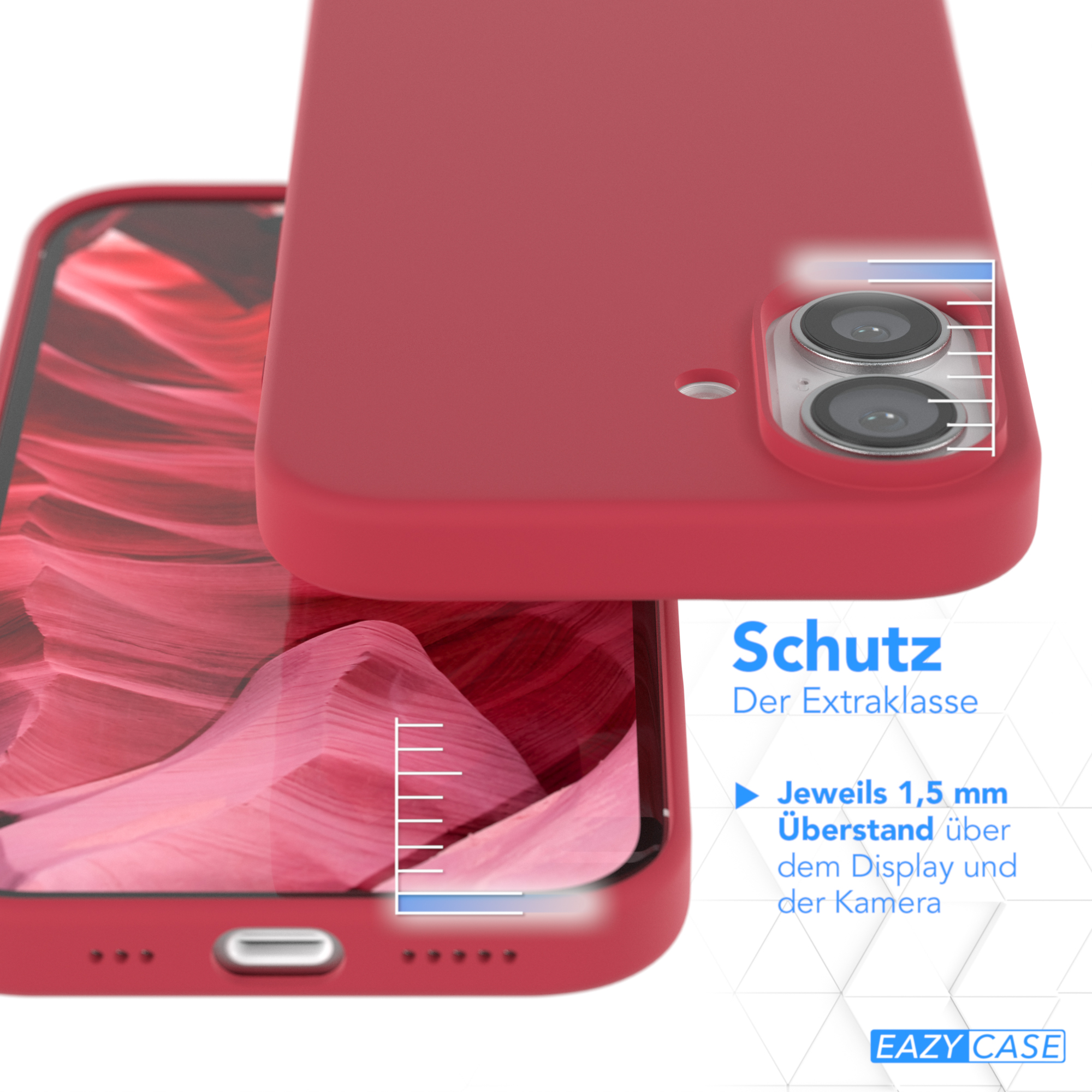 Zwei Handyhüllen. Eine liegt auf einem Telefon; die andere daneben. Text auf Deutsch.