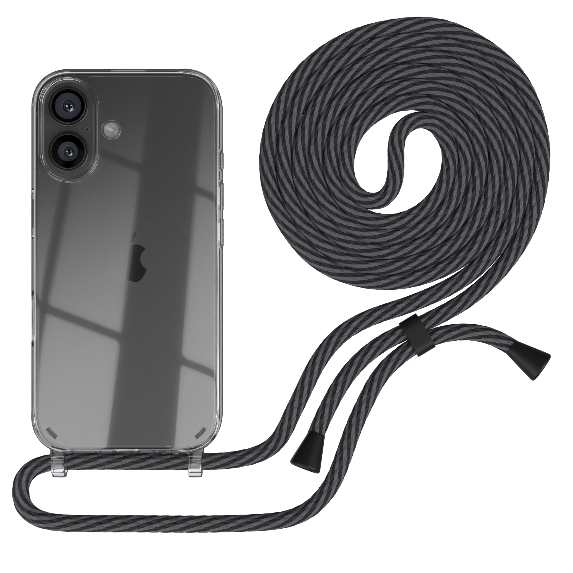 Transparente Handyhülle mit schwarz/grauer Kordel. Telefon sichtbar. Weißer Hintergrund.