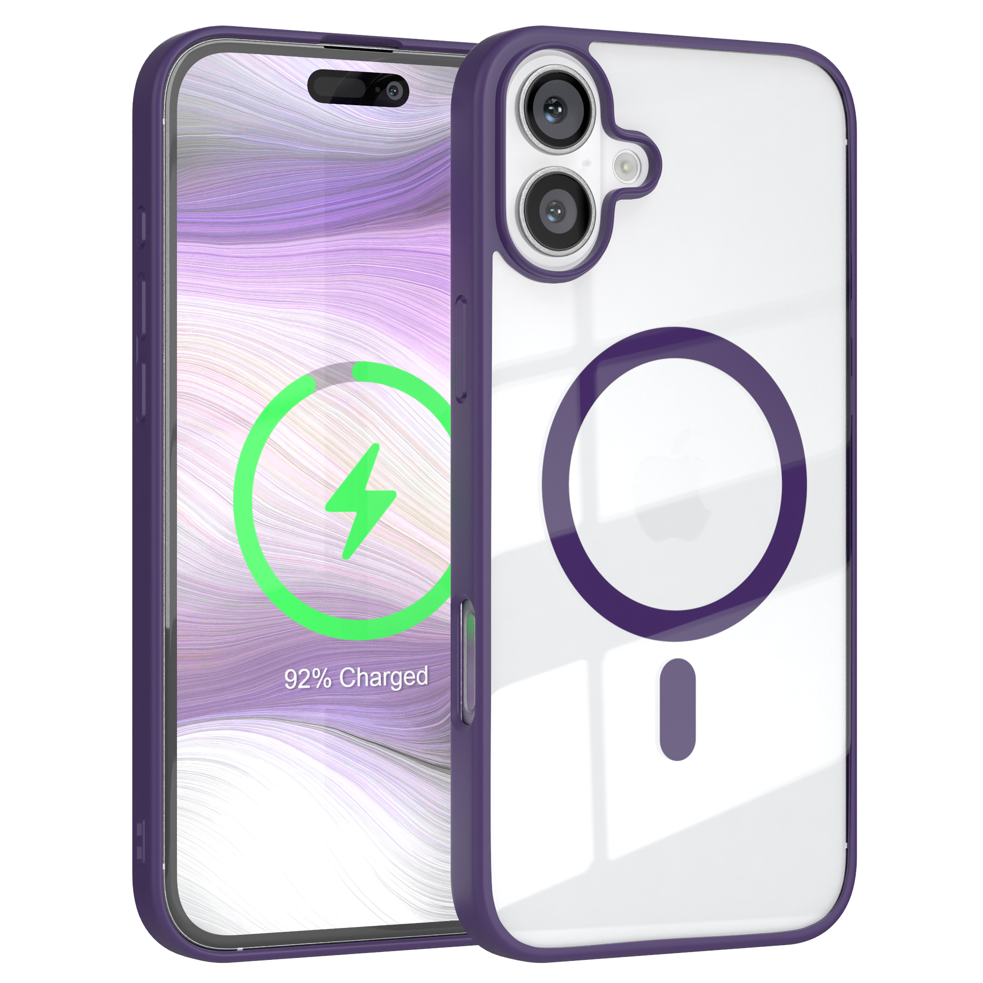 Lila Handyhülle mit Handy, lädt mit 92%.