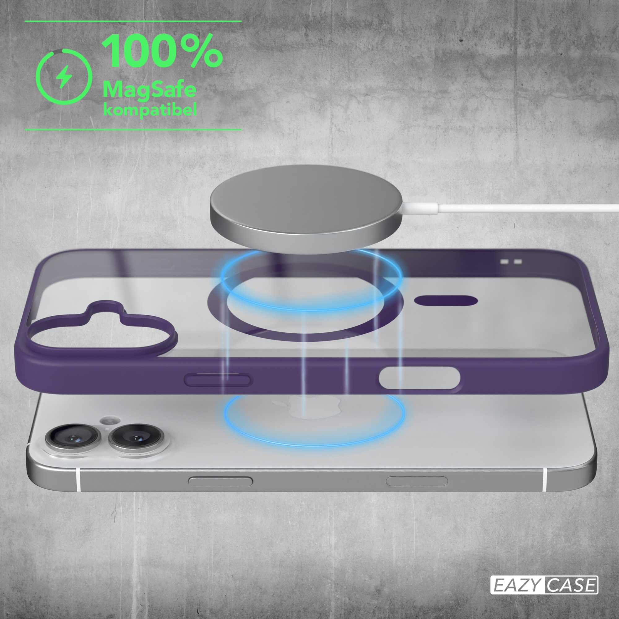 Ein Telefon mit lila Hülle und kabellosem Ladegerät, die Hülle ist transparent und zeigt das Telefon.