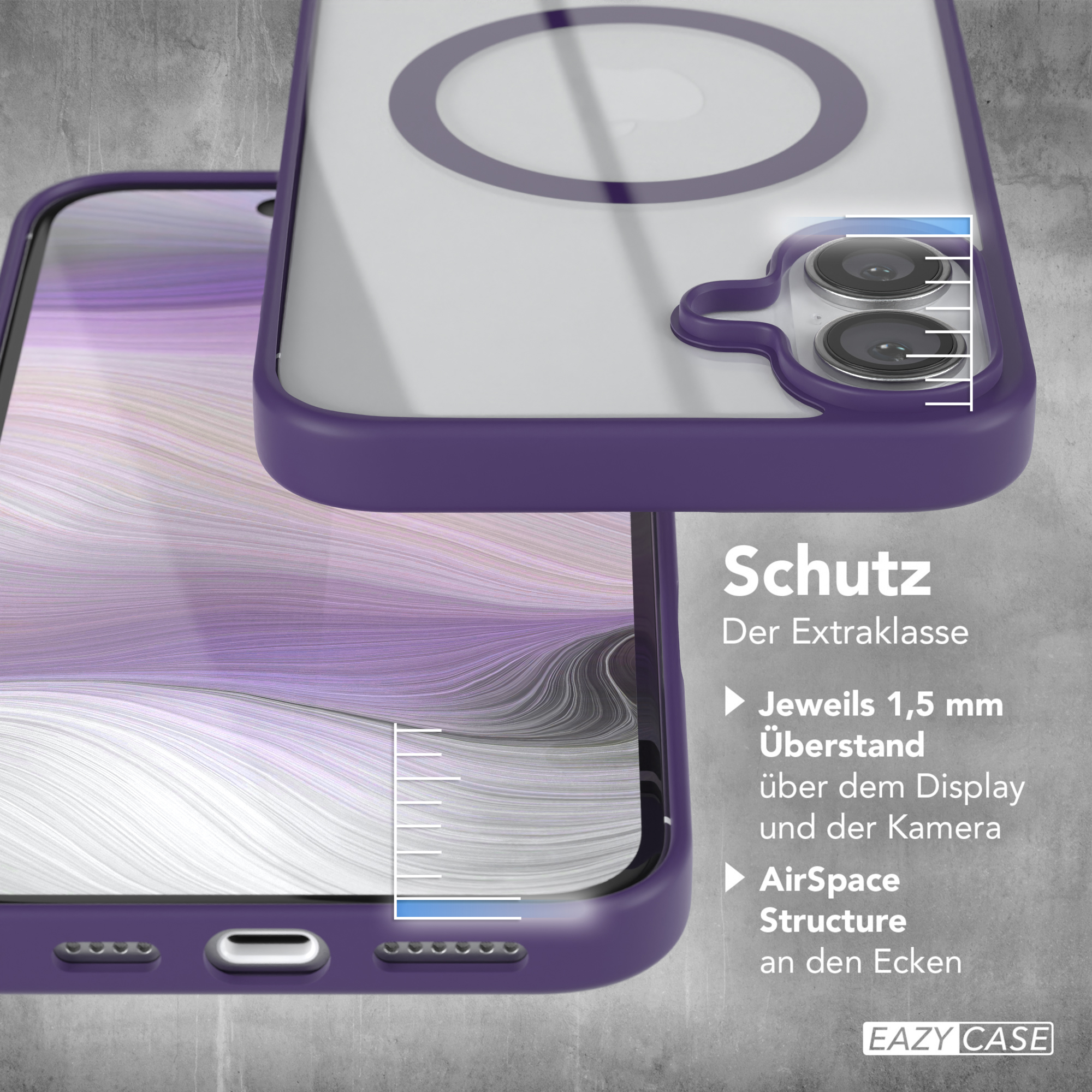 Lila Handyhülle mit Displayschutz. Text erklärt Schutzfunktionen.