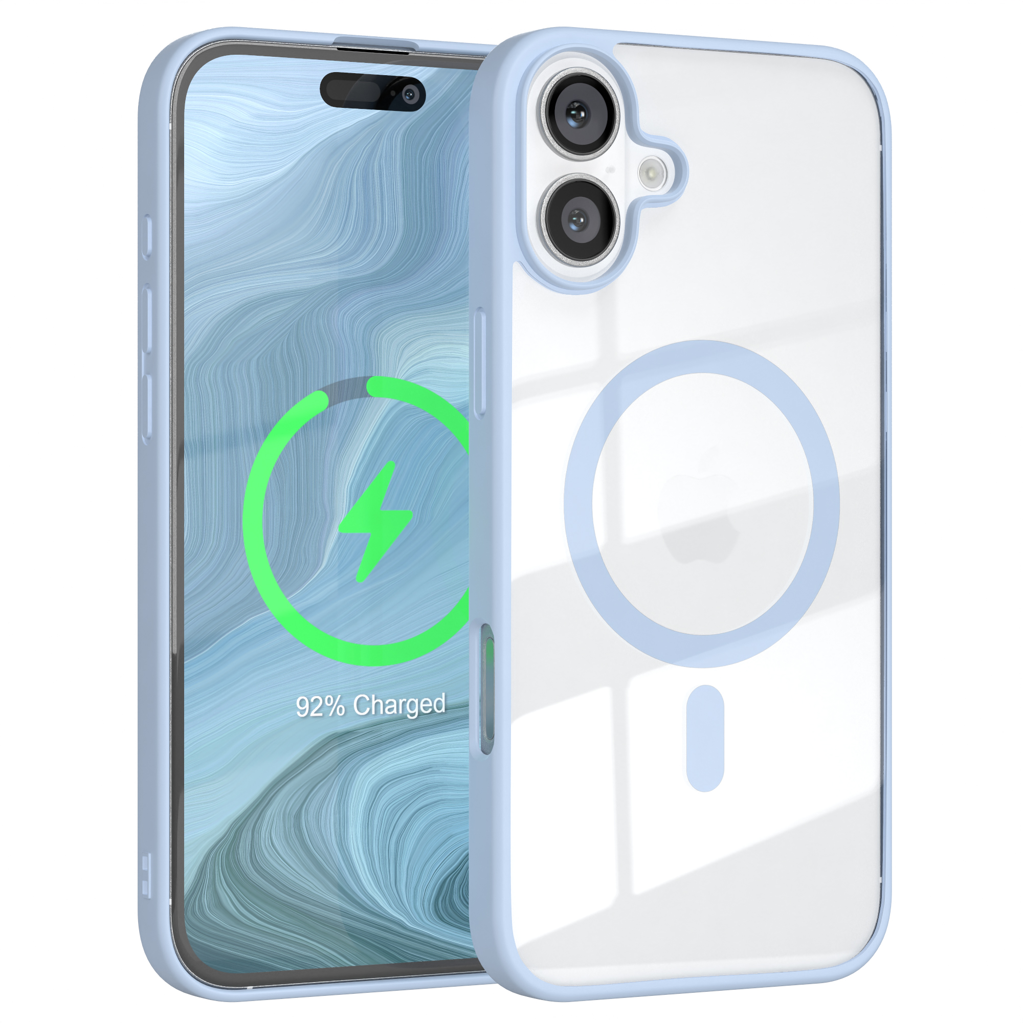 Telefonhülle mit einem Telefon, das einen Ladebildschirm anzeigt. Die Hülle ist blau. Der Bildschirm zeigt ein grünes Ladesymbol.