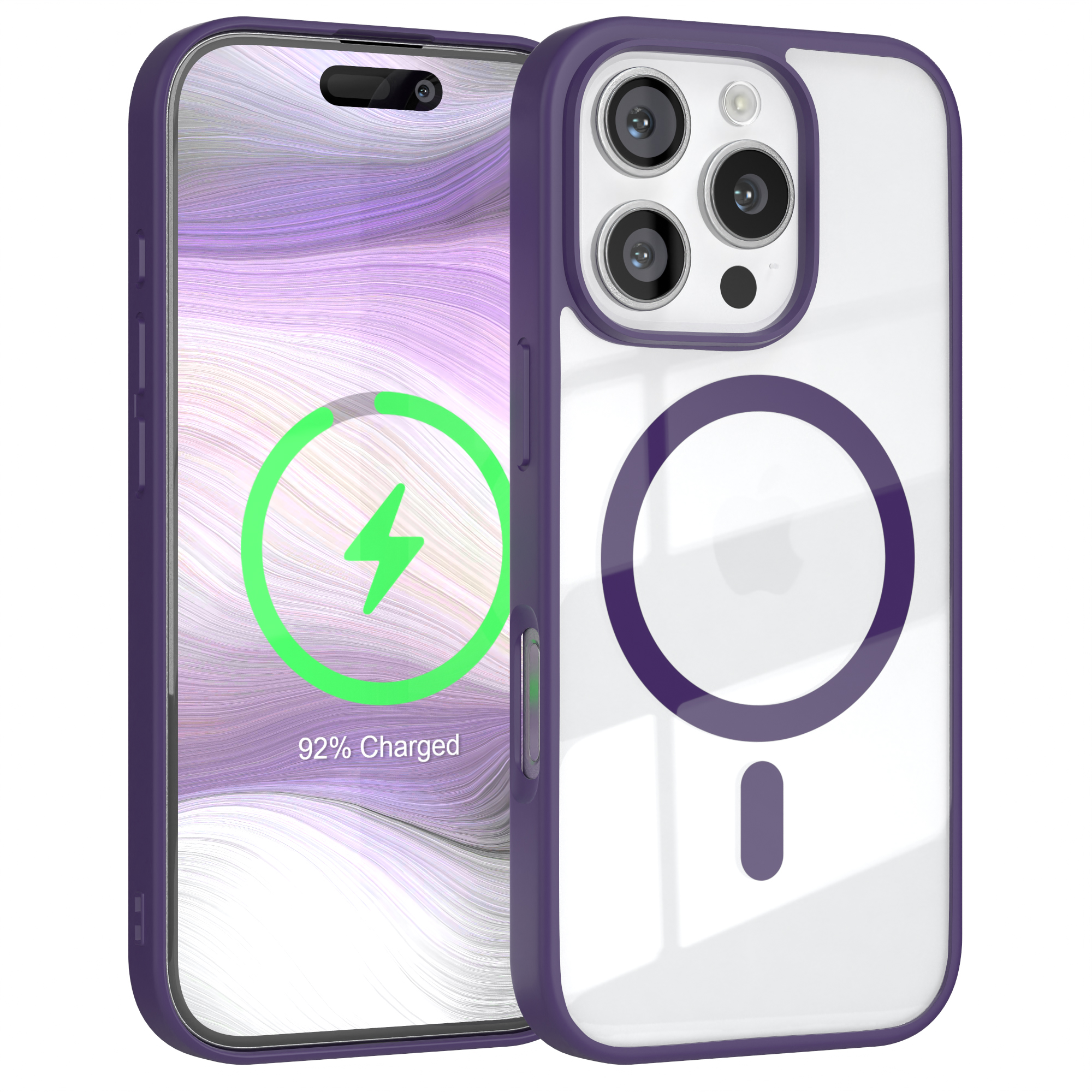 Telefon mit lila Hülle, das Laden anzeigt. Die Hülle hat eine transparente Rückseite mit MagSafe-Ring.