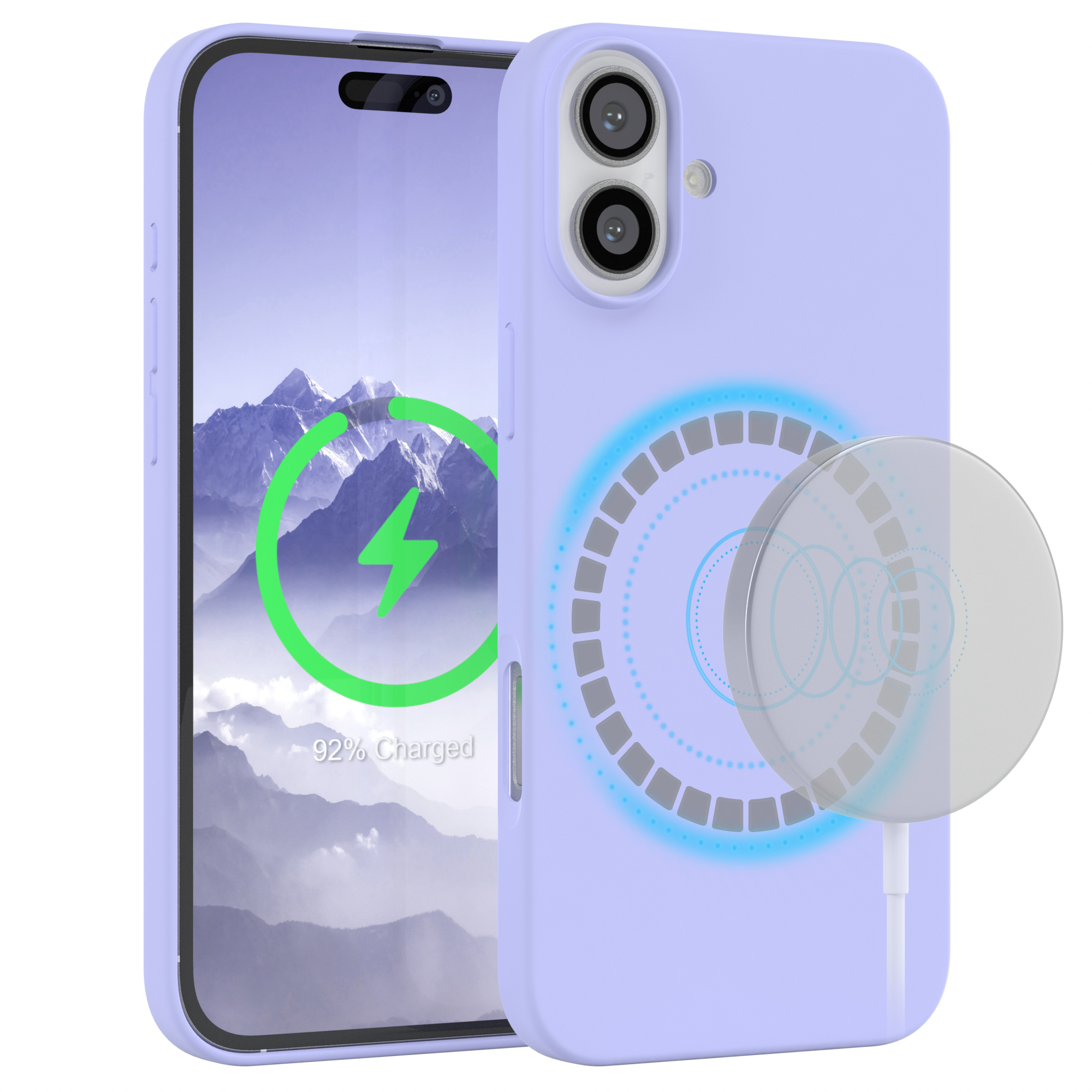 Lila Telefon mit Hülle und kabellosem Ladegerät, das 92% Ladung anzeigt, grüne Blitzgrafik.