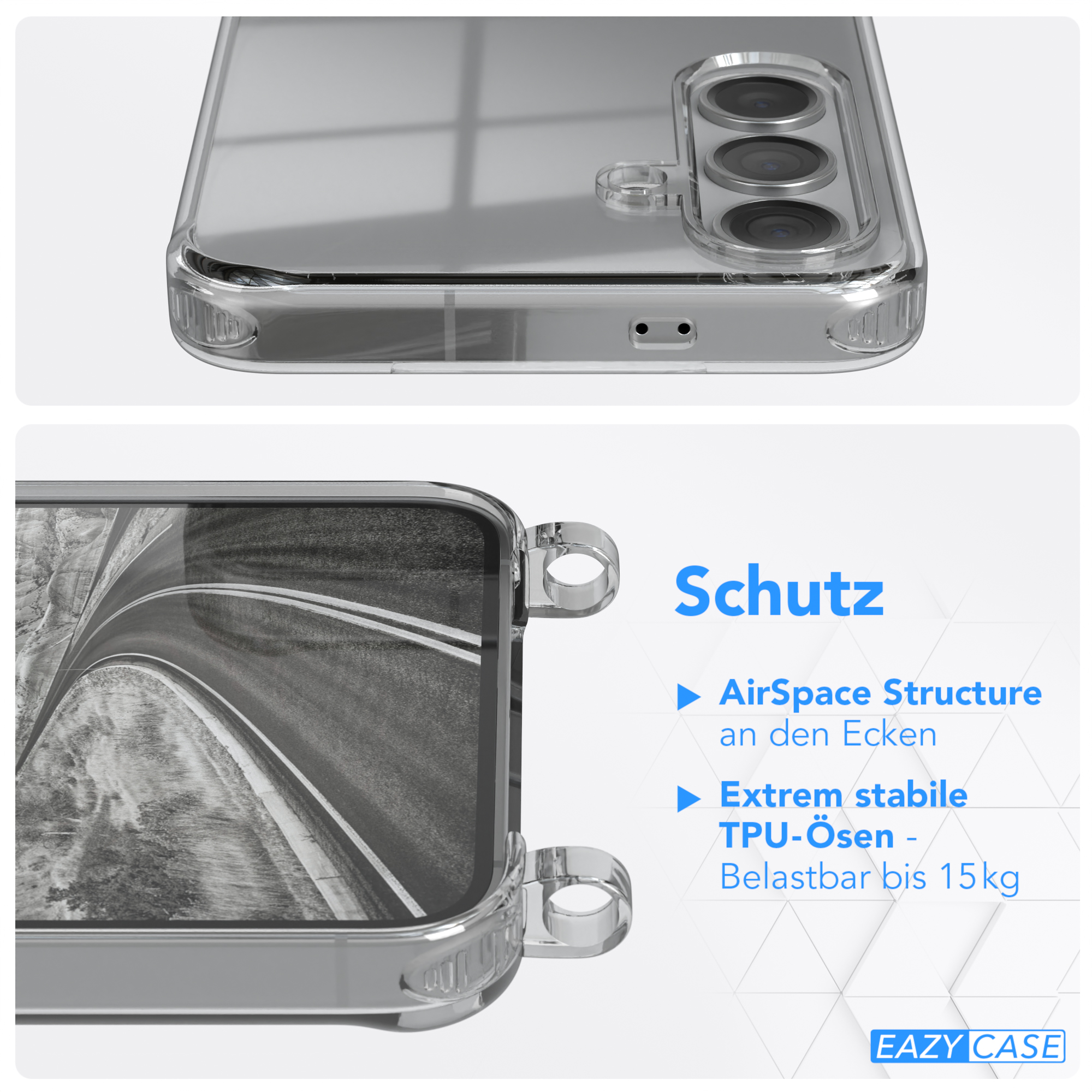 Transparente Handyhülle mit Text über AirSpace-Struktur und TPU-Ösen. Details der Hülle.