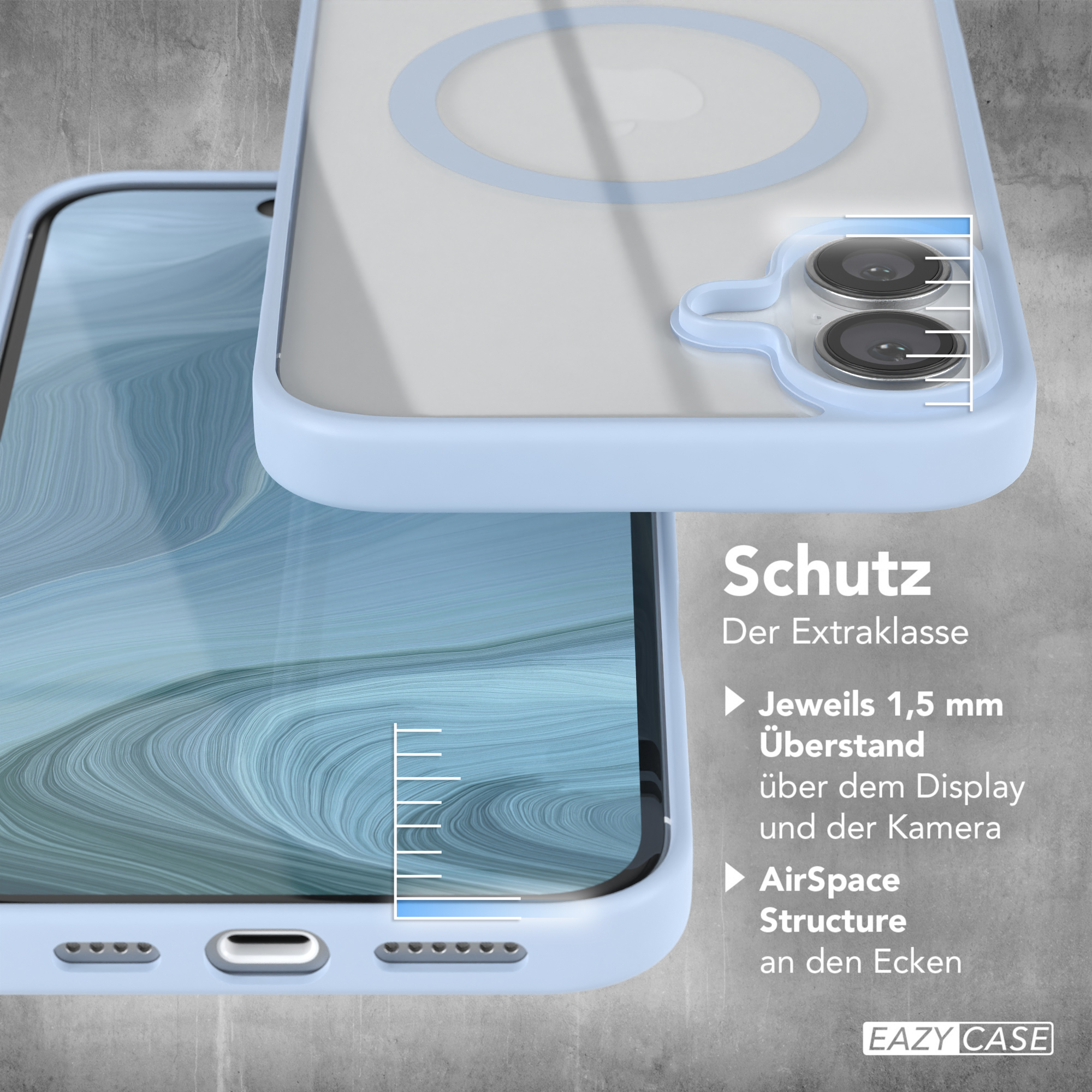 Telefonhülle auf dem Telefon. Blaue Hülle hat Schutzeigenschaften. Text auf der Seite.