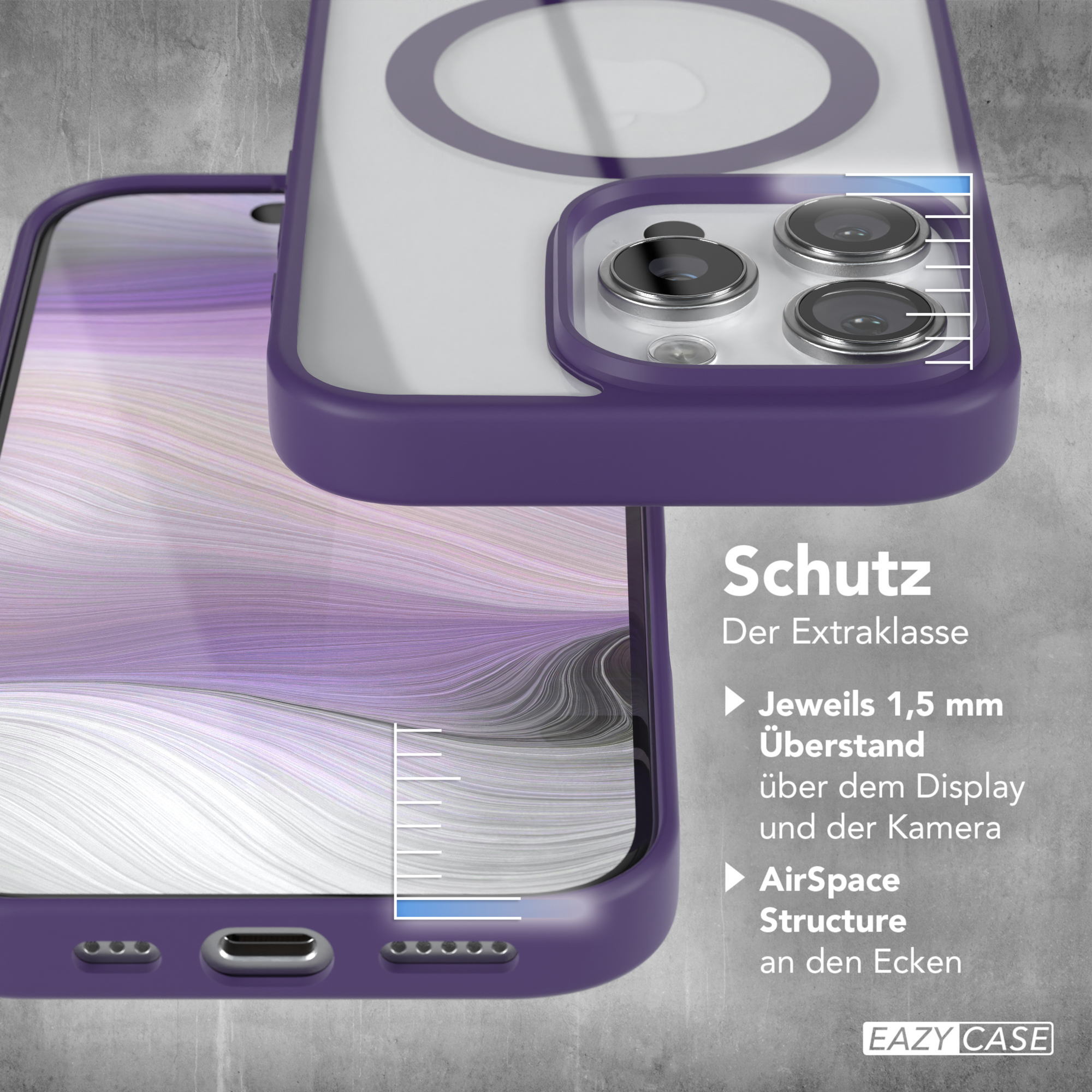 Lila Handyhülle mit weißem Kreis. Telefon mit Kamera und Bildschirmdetails sichtbar.