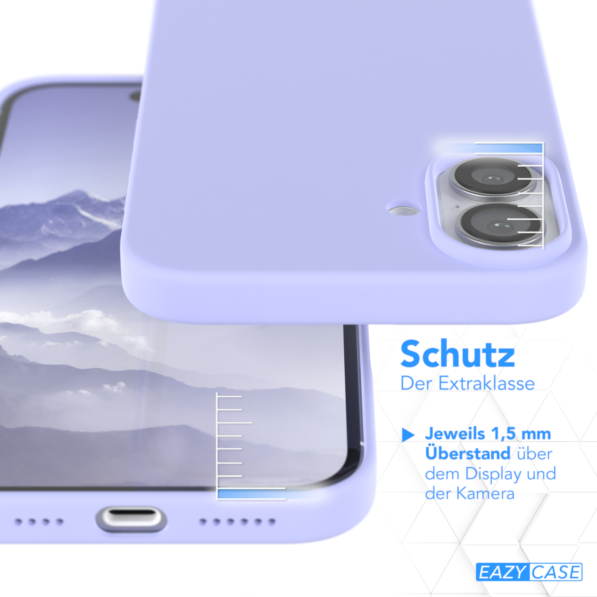 Nahaufnahme einer lila Handyhülle mit Displayschutzfolie und Skala zur Anzeige des Schutzes.