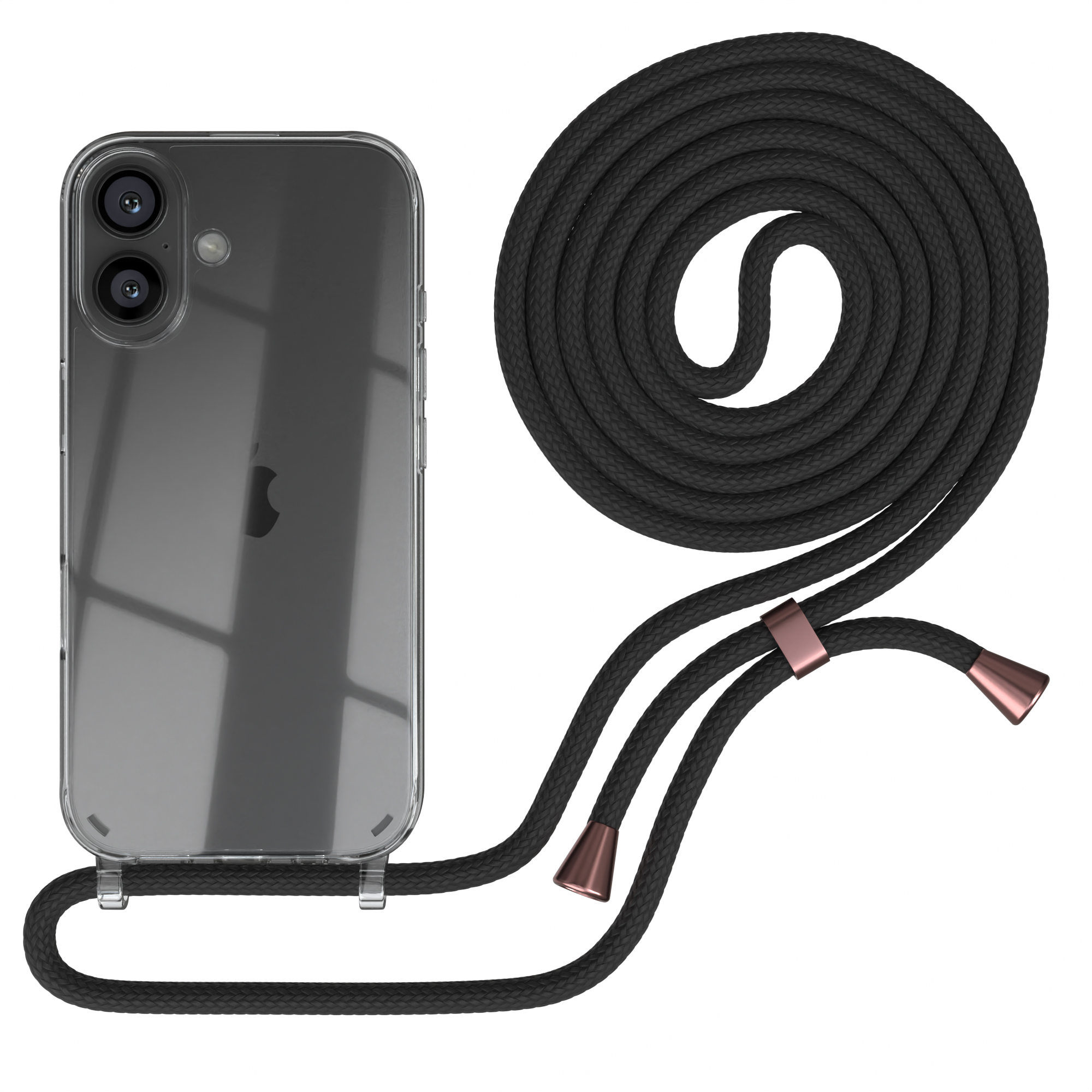 Transparente Handyhülle mit Telefon und schwarzem Seilriemen. Roségoldfarbene Akzente.