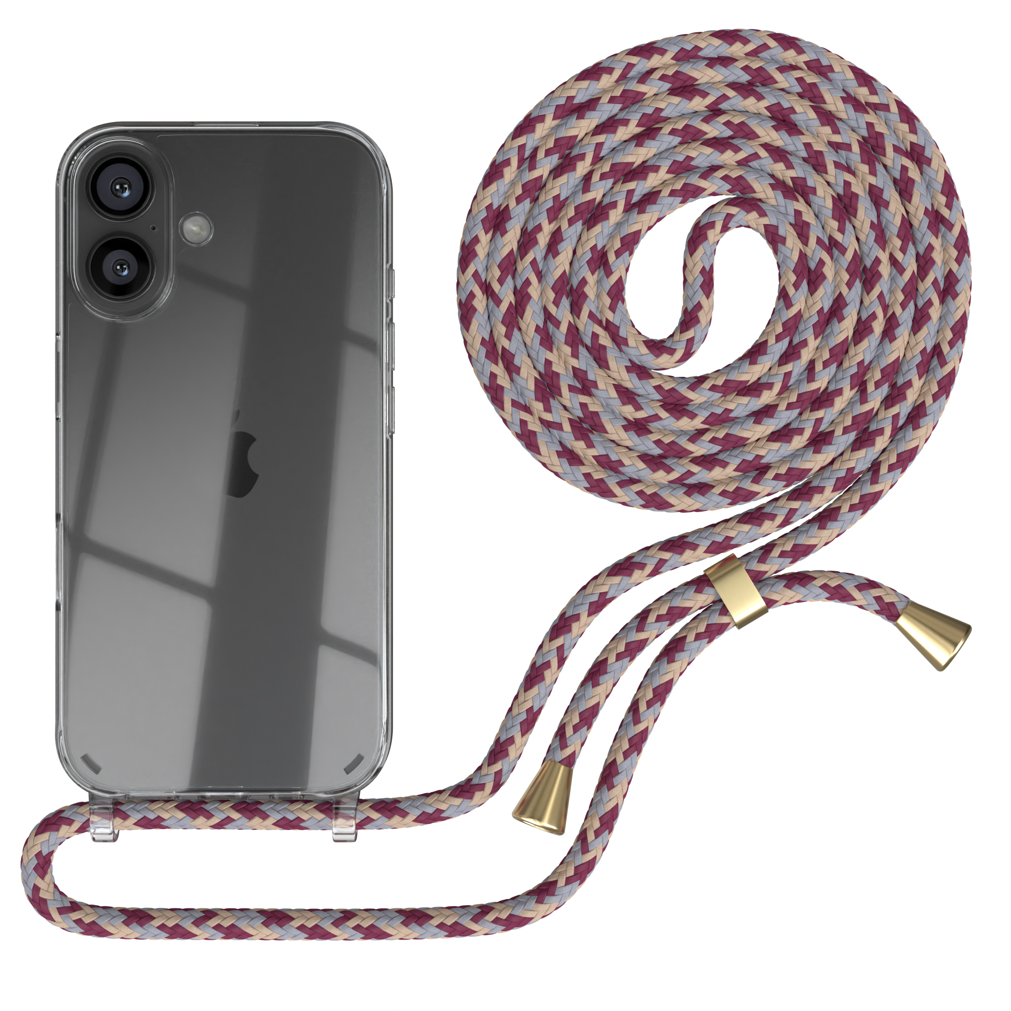 Ein Telefon in einer transparenten Hülle mit einem mehrfarbigen Seil. Das Seil hat goldene Akzente.