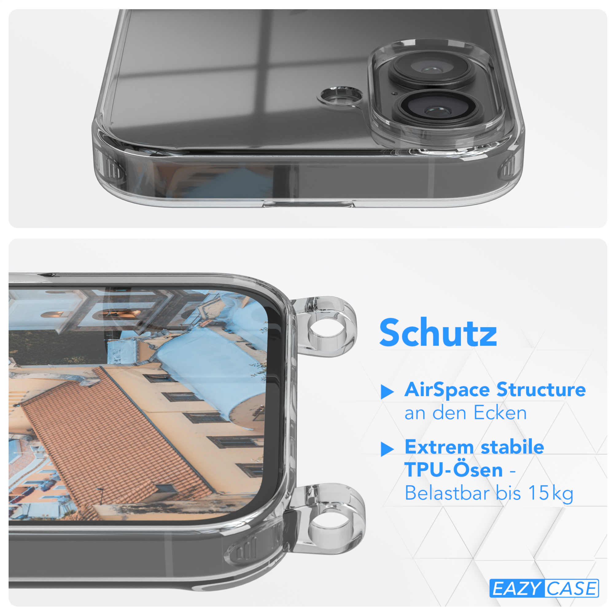 Transparente Handyhülle mit Telefon und Text über ihre Funktionen.
