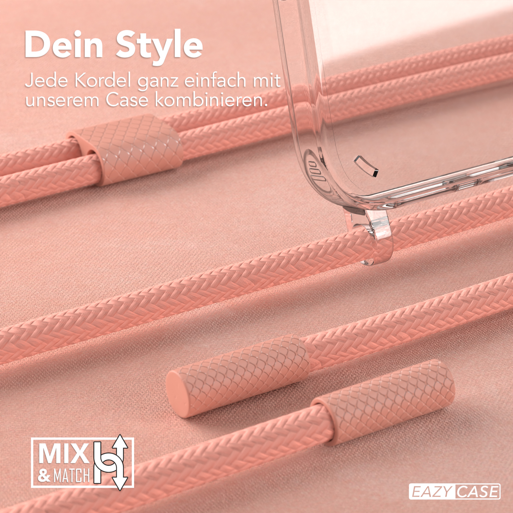 Nahaufnahme von rosa geflochtenen Telefonschnüren und einem Telefon mit transparenter Hülle.