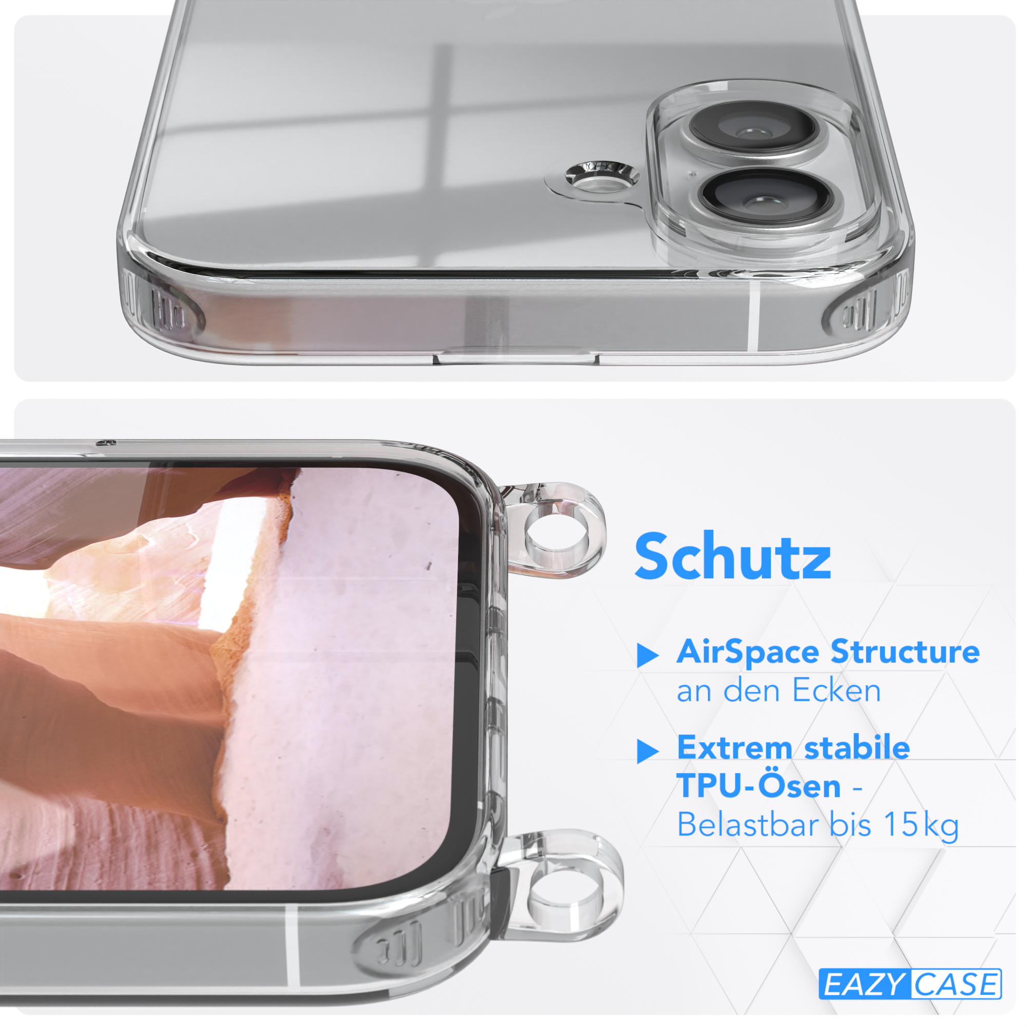 Transparente Handyhülle. Details der Kamera und Seitenansicht sowie Text und Grafiken im Rahmen.