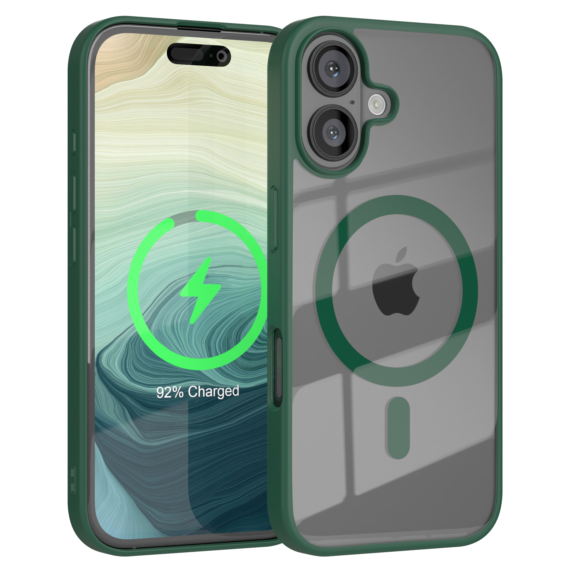 Grüne Handyhülle mit einem Telefon darin. Telefon zeigt 92% geladen und das Apple-Logo.