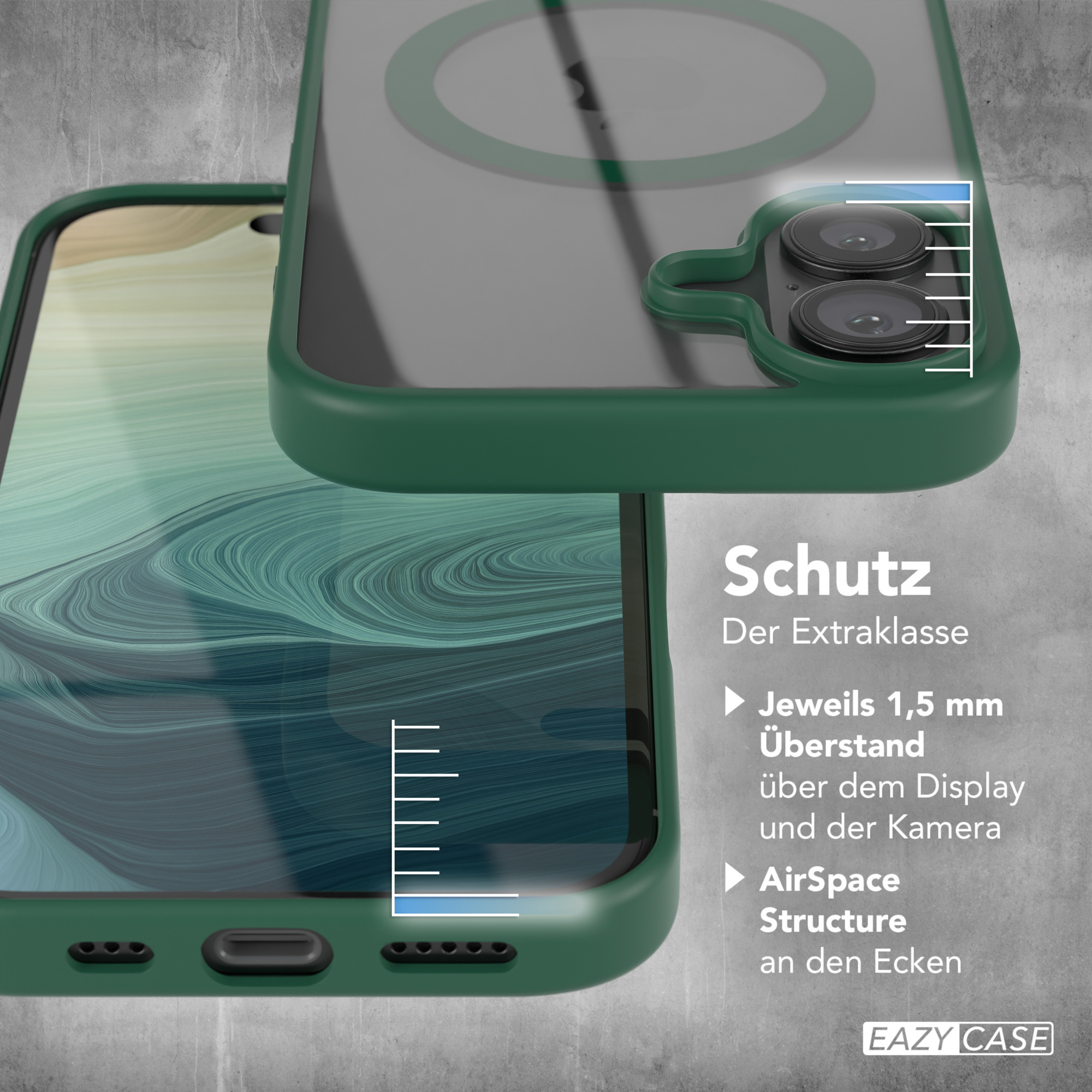 Grüne Handyhülle mit Telefon, Text: Schutz. Jeweils 1,5 mm Überstand. AirSpace Structure an den Ecken.