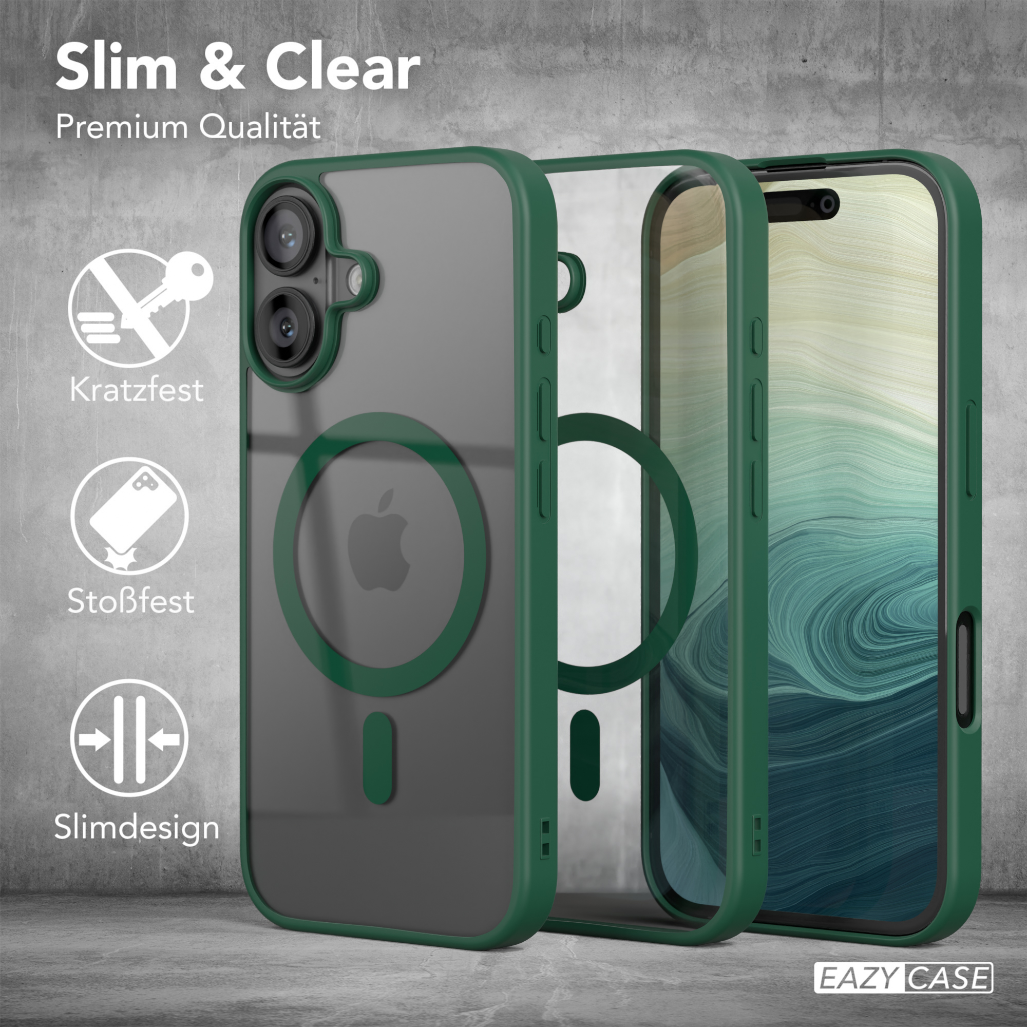 Eine transparente Handyhülle mit grünem Rand, die das Telefondesign zeigt, mit einem Apple-Logo.
