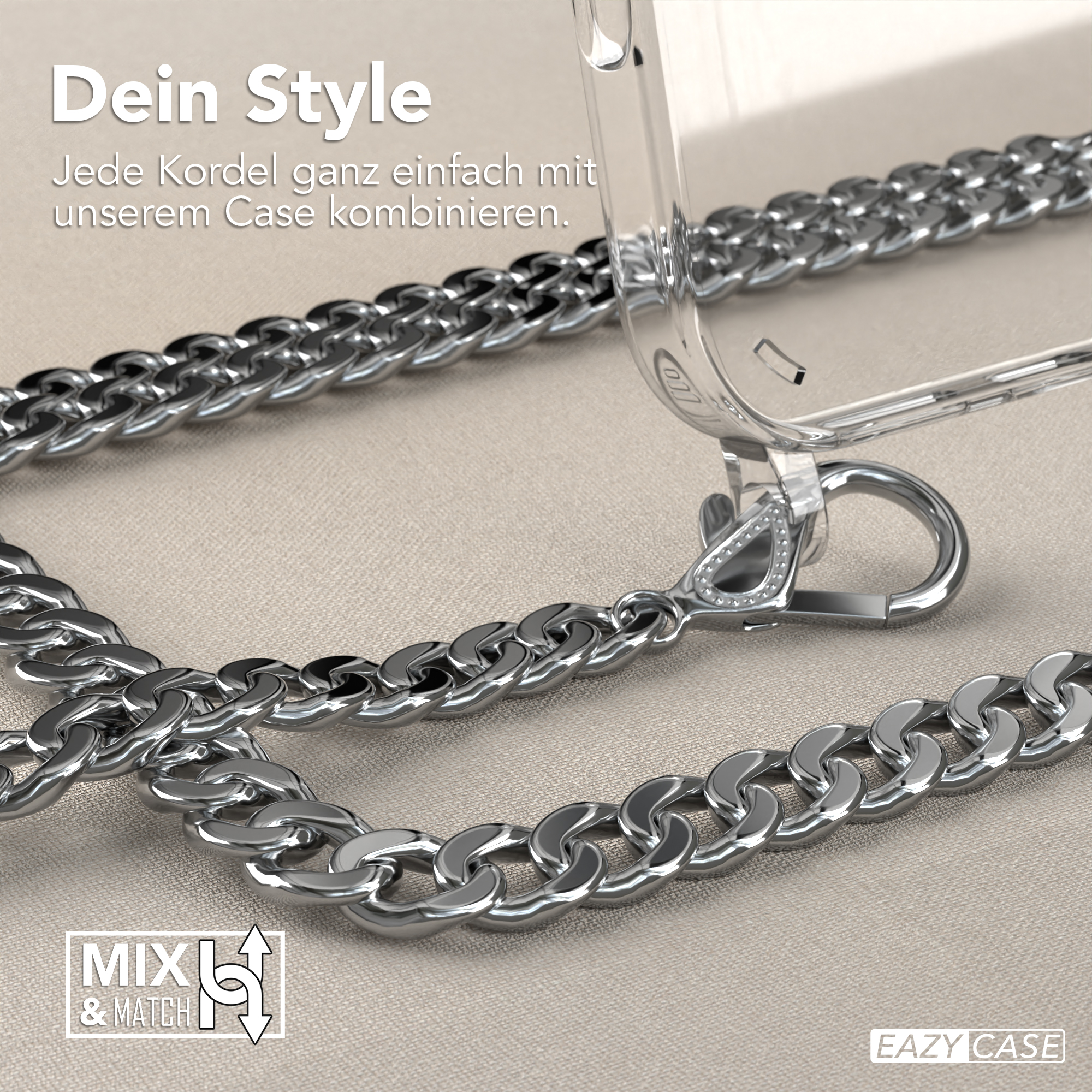 Silberne Kette und eine Handyhülle. Text: Mix & Match, Dein Style.